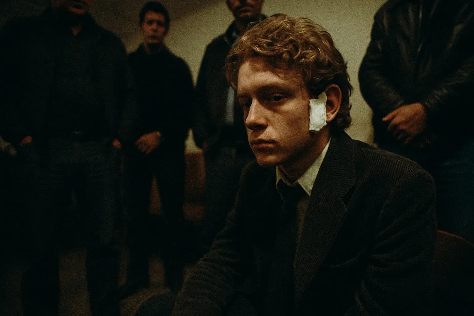 En skikkelse, der ligner John Paul Getty III, et bandageret øre, sidder højtideligt i et svagt oplyst rum omgivet af anonyme figurer, en subtil nik til 'Ndranghetas indflydelse i kokainhandelen.