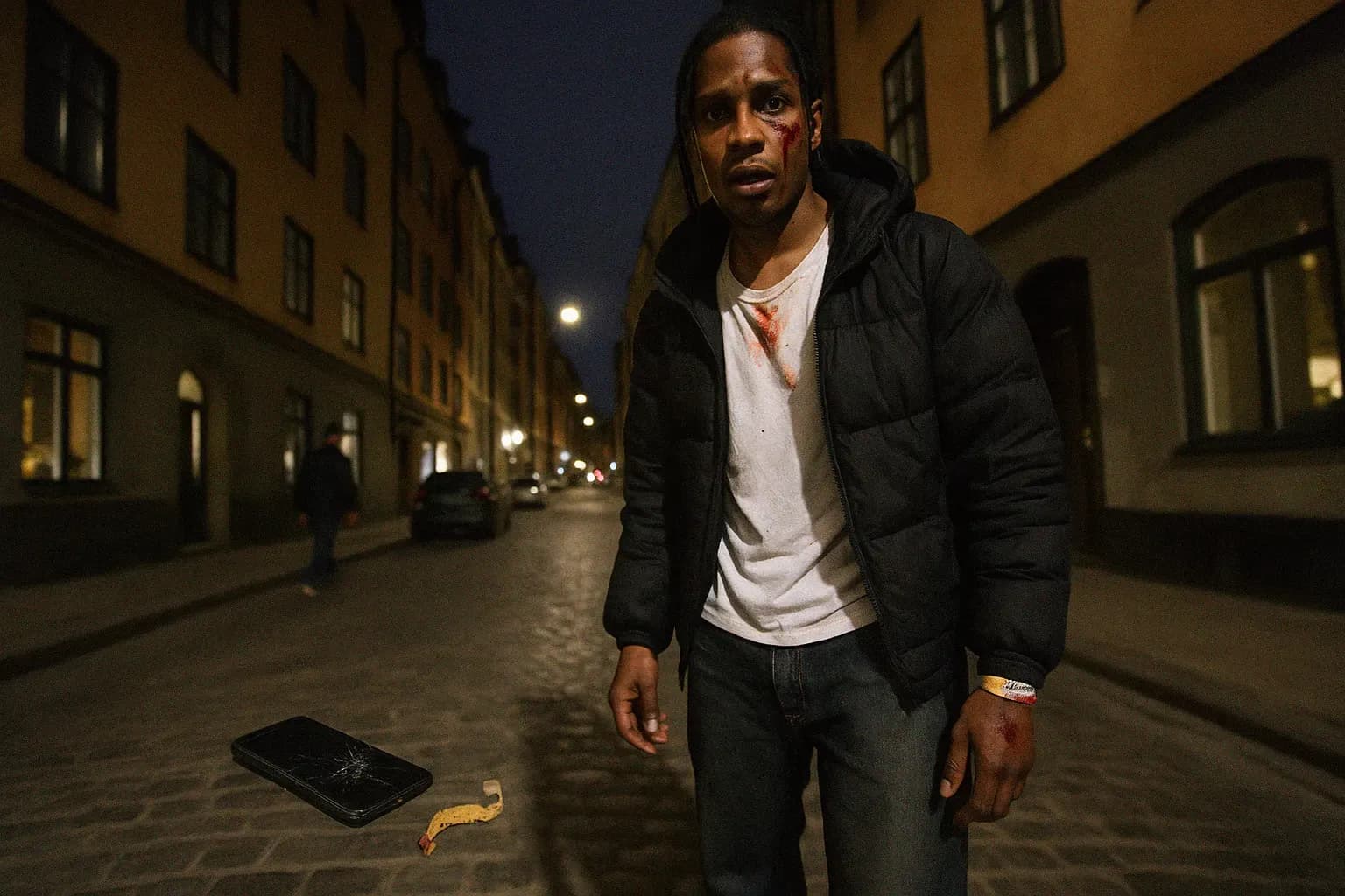 En gade i Stockholm med en skikkelse, der ligner ASAP Rocky, viser tegn på et nyligt skænderi, der står nær en ødelagt mobiltelefon på jorden ved siden af et afklippet festivalarmbånd.
