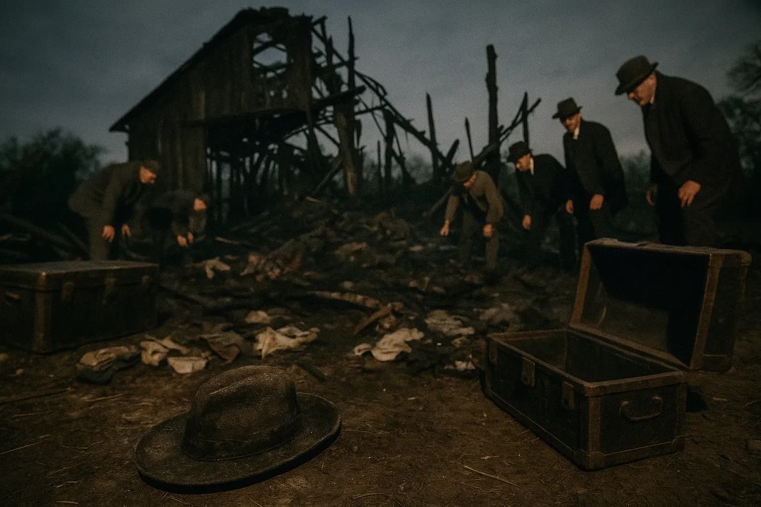 A charred barn on Belle Gunness's Indiana farm, surrounded by investigators examining remains, with scattered personal belongings, old trunks, and a mysterious scorched hat, suggesting a possible escape or sinister event.