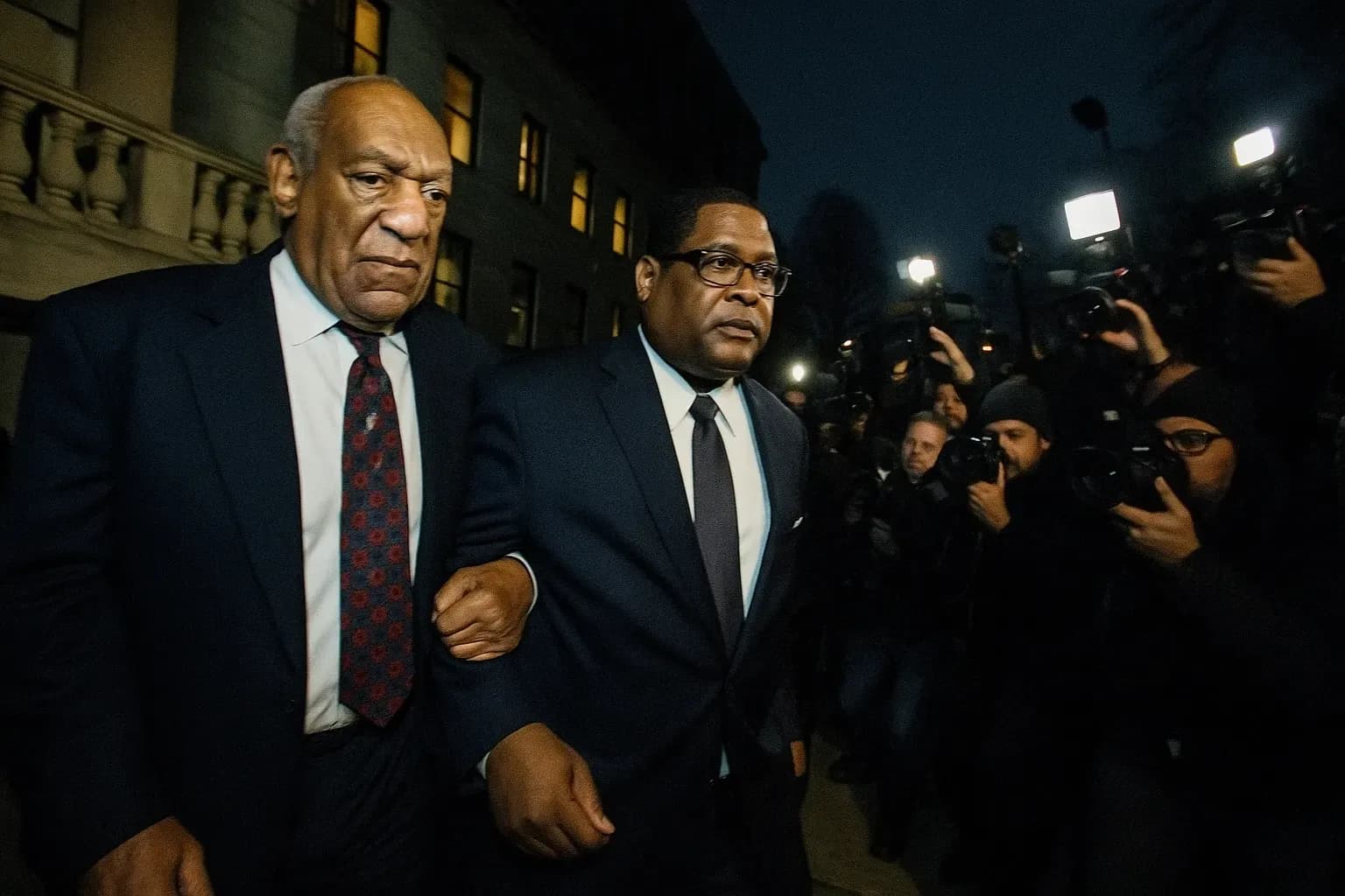 A figure resembling Bill Cosby walks with a supporter outside a Pennsylvania courthouse, a throng of reporters capturing the moment, emphasizing the stark transformation from television icon to convicted sex offender.