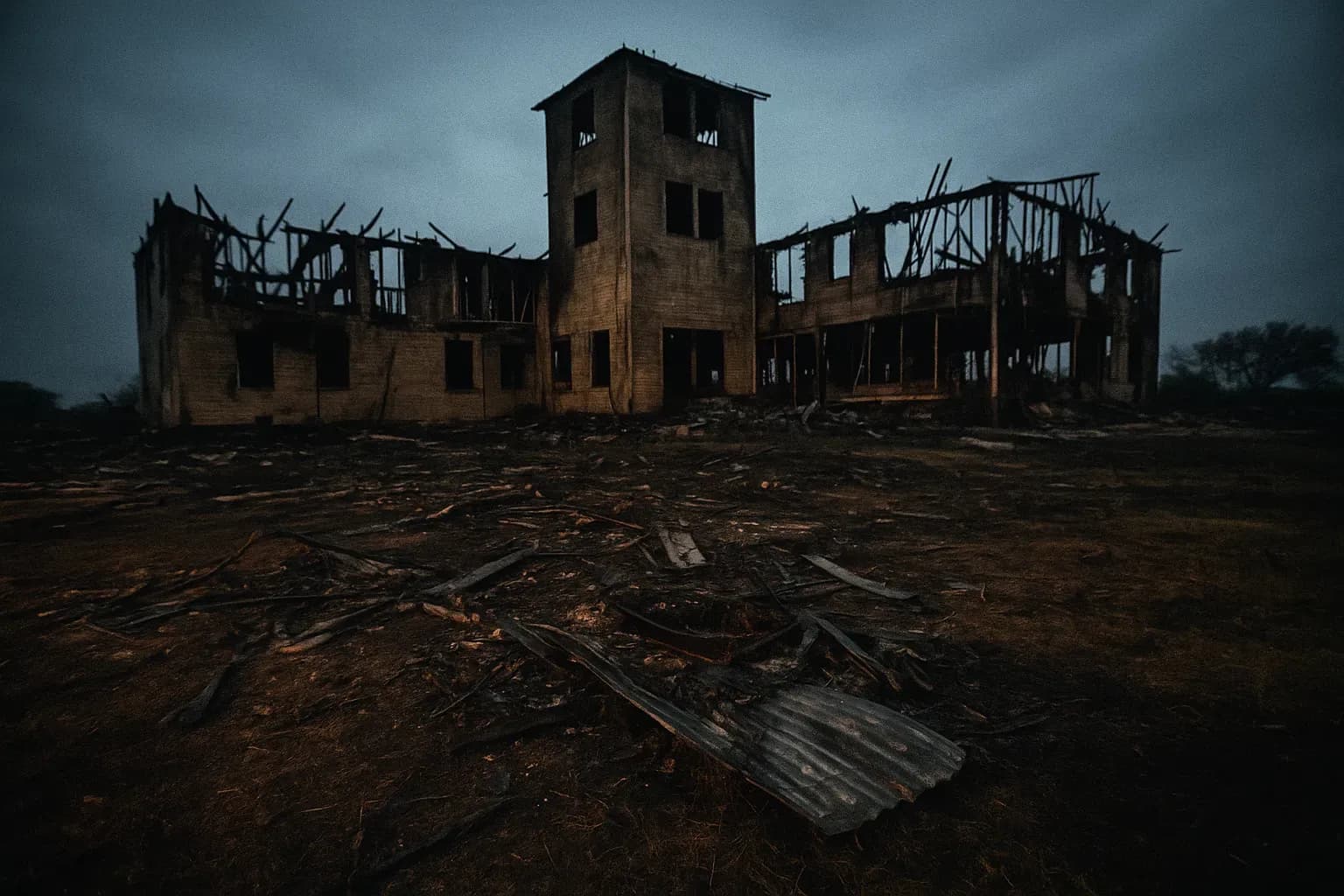 A charred, hollowed-out compound stands amid scattered debris, surrounded by scorched earth; remnants of the Mount Carmel siege where a cult led by a figure resembling David Koresh met a fiery end.