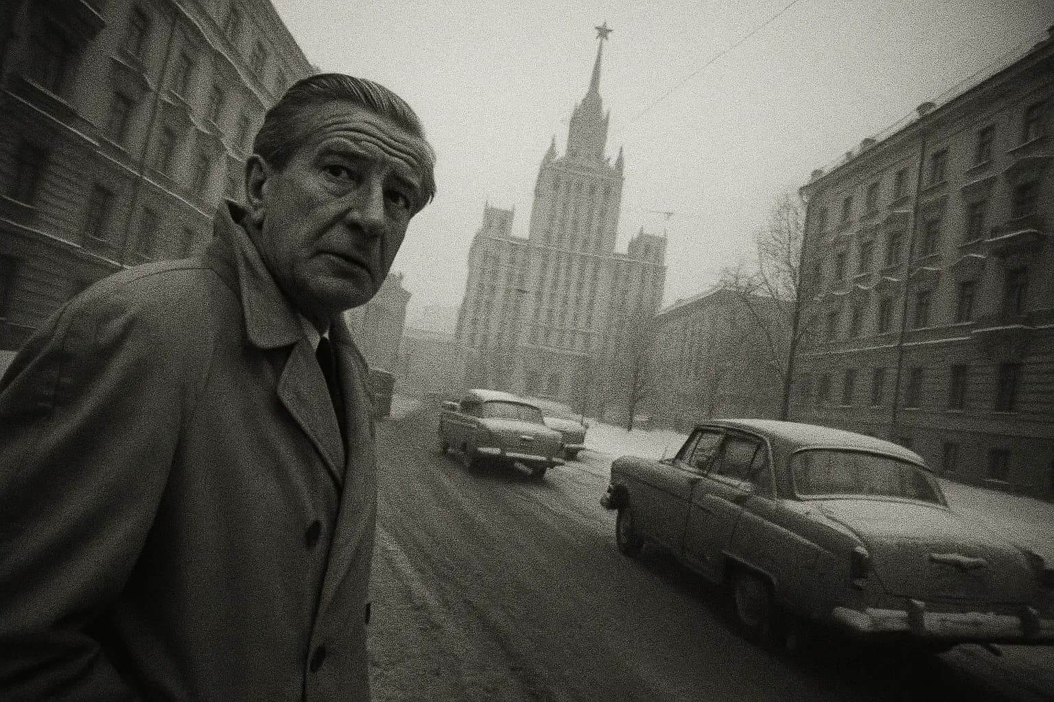 A figure resembling Kim Philby stands on a Moscow street in the 1960s, wearing a trench coat, glancing over his shoulder. Snow-covered buildings and Soviet-era cars create the backdrop, symbolizing his life in exile.