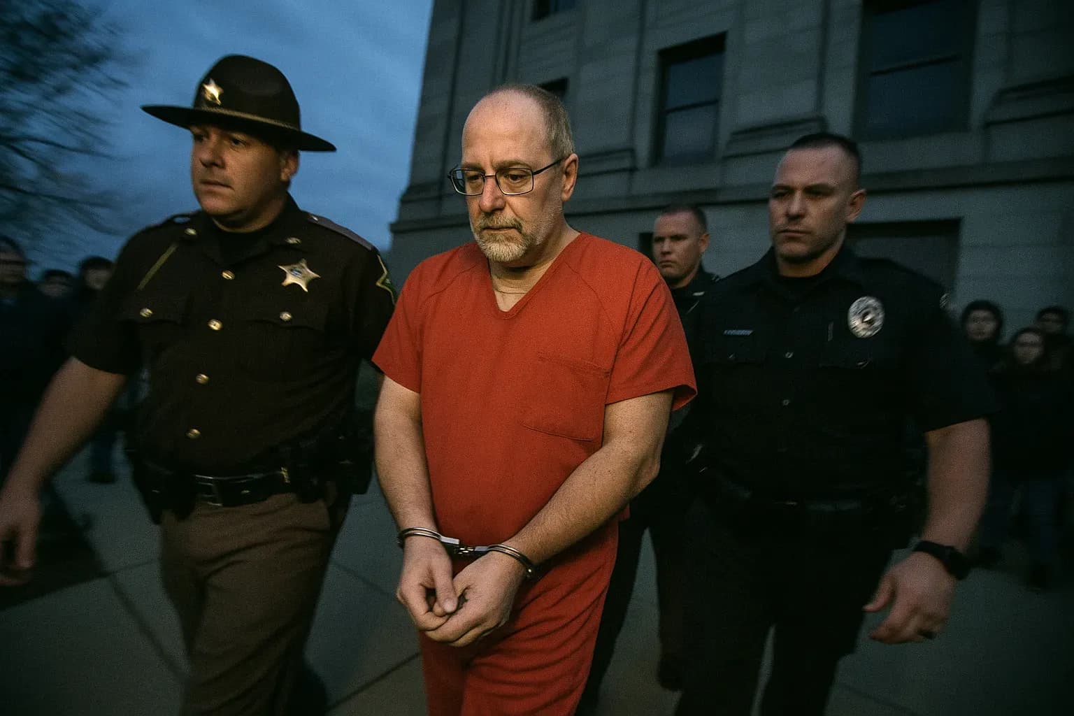 En skikkelse, der ligner Richard Allen, føres væk i håndjern uden for retsbygningen, omgivet af politibetjente, mens tilskuere kigger i baggrunden.