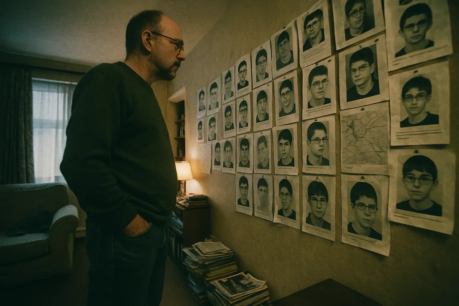 A figure resembling Andrew Gosden's father stands in a cluttered living room, gazing at a wall covered with missing person posters of Andrew Gosden, dates, and maps, encapsulating a family's desperate search.
