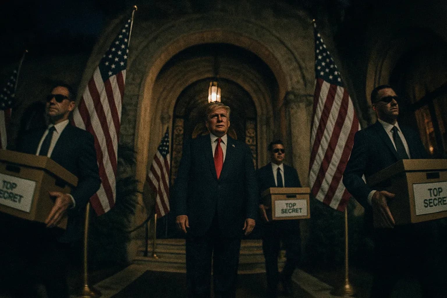 A figure resembling Donald Trump stands at the entrance of Mar-a-Lago, flanked by American flags, as FBI agents in suits and sunglasses carry boxes labeled “top-secret documents.”