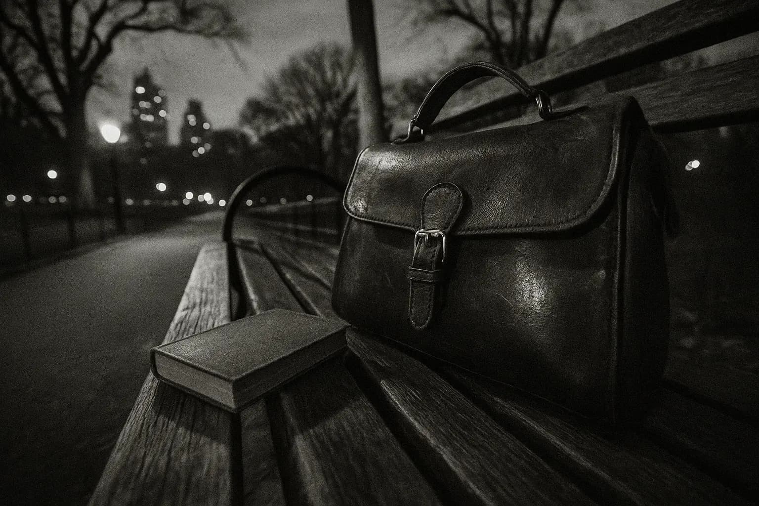 A vintage leather handbag and a small book rest on a park bench near Central Park, evoking the mystery of Dorothy Arnold’s disappearance in 1910.