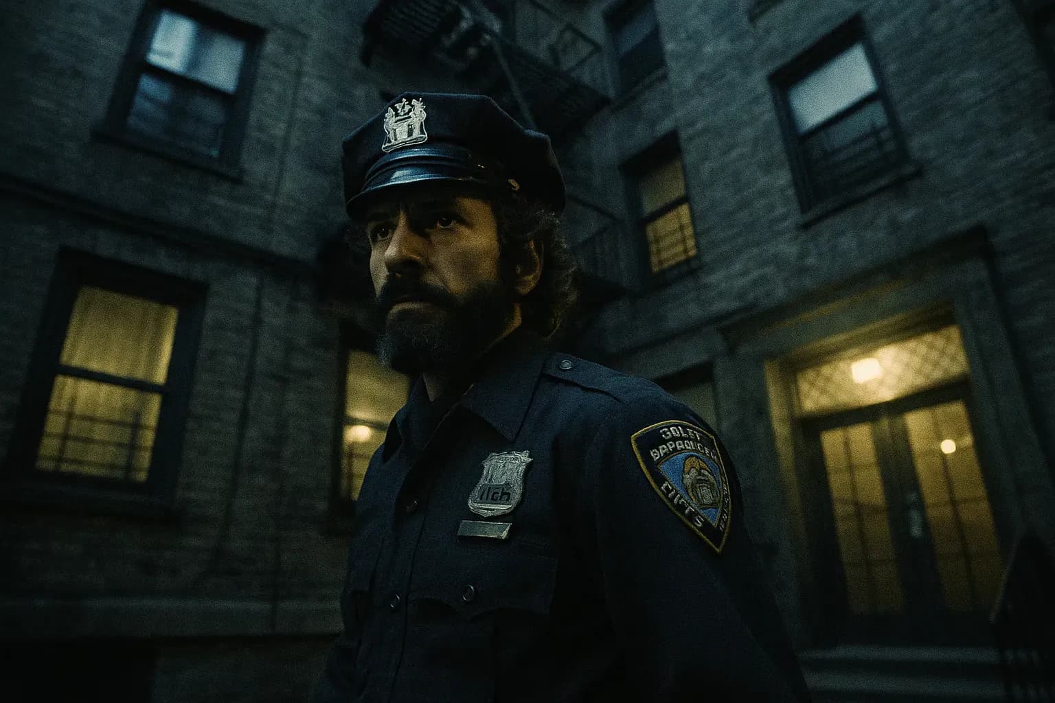 En figur, der ligner Frank Serpico, iført en NYPD-uniform fra 1970'erne, står med beslutsomhed uden for en lejlighedsbygning i Brooklyn, hans udtryk er fokuseret og beslutsomt, symboliserende hans kamp mod politikorruption.