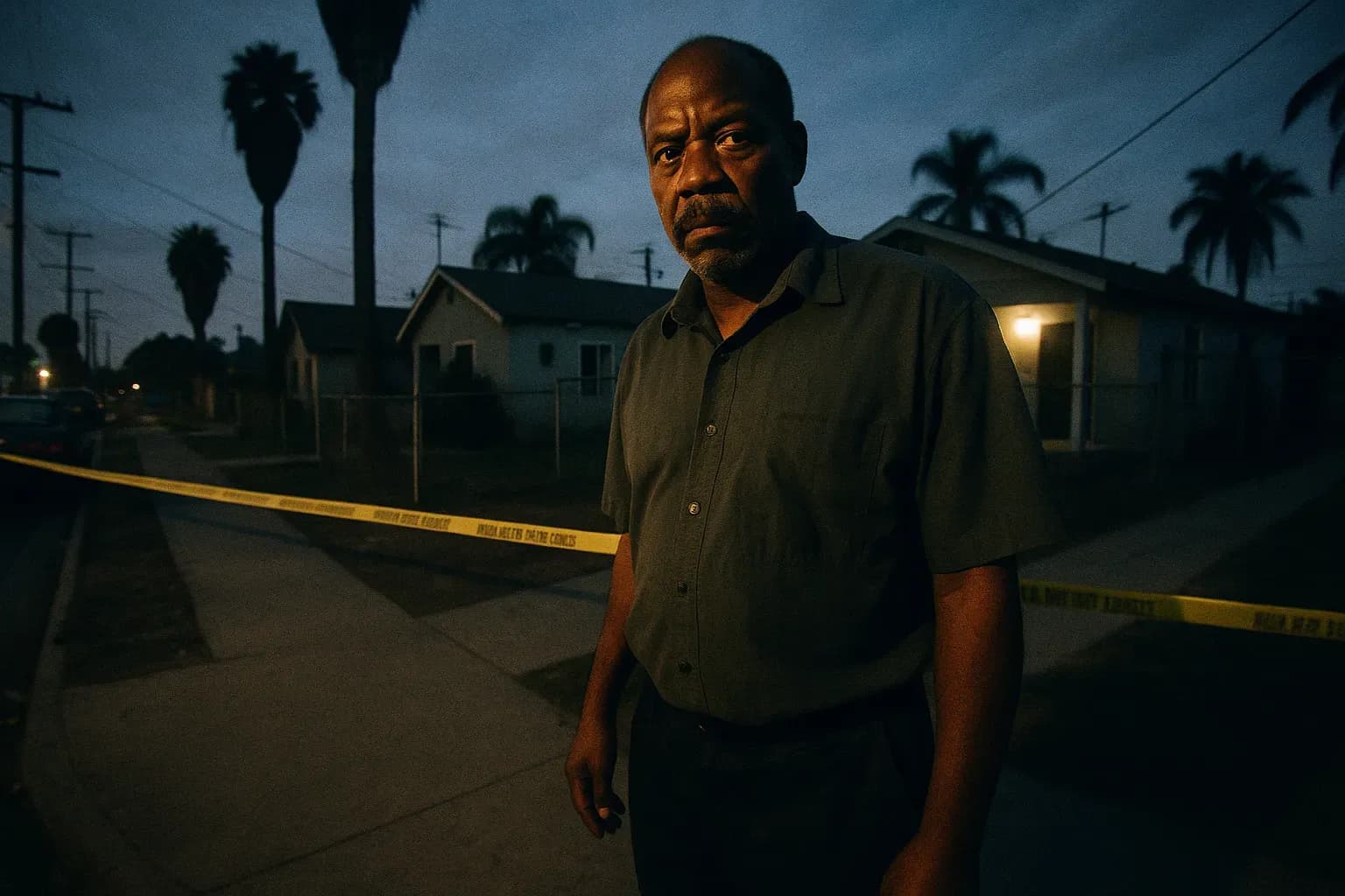 A figure resembling Lonnie Franklin Jr. stands in a modest South Los Angeles neighborhood, near a cordoned-off crime scene, capturing the dark history of the "Grim Sleeper" serial murders.