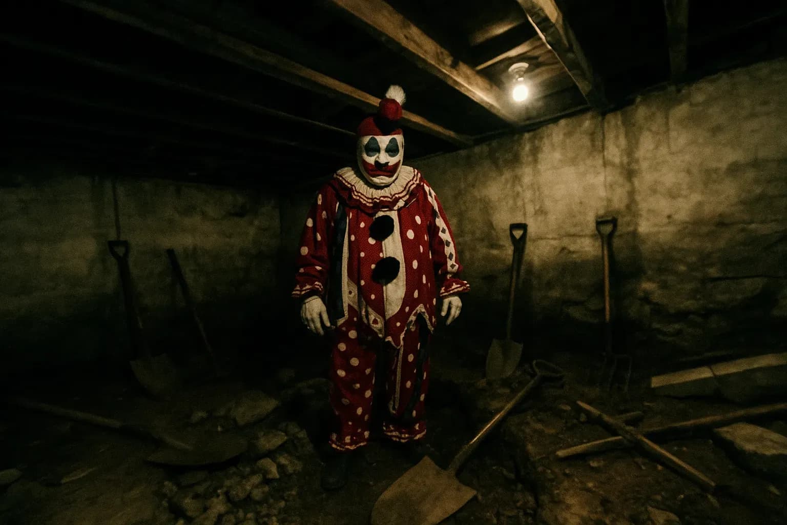 A figure resembling John Wayne Gacy, dressed as Pogo the Clown, stands in a messy basement. Shovels and construction tools lie scattered amid damp earth and broken concrete near exposed wooden beams overhead.