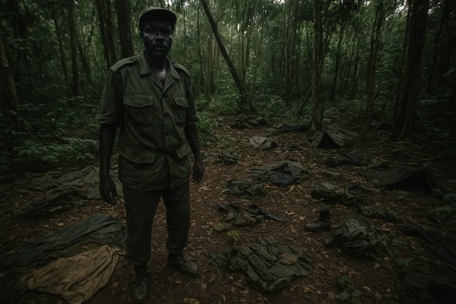 A figure resembling Joseph Kony stands in a dense Ugandan forest, surrounded by scattered remnants of worn-out military gear and abandoned makeshift camps.