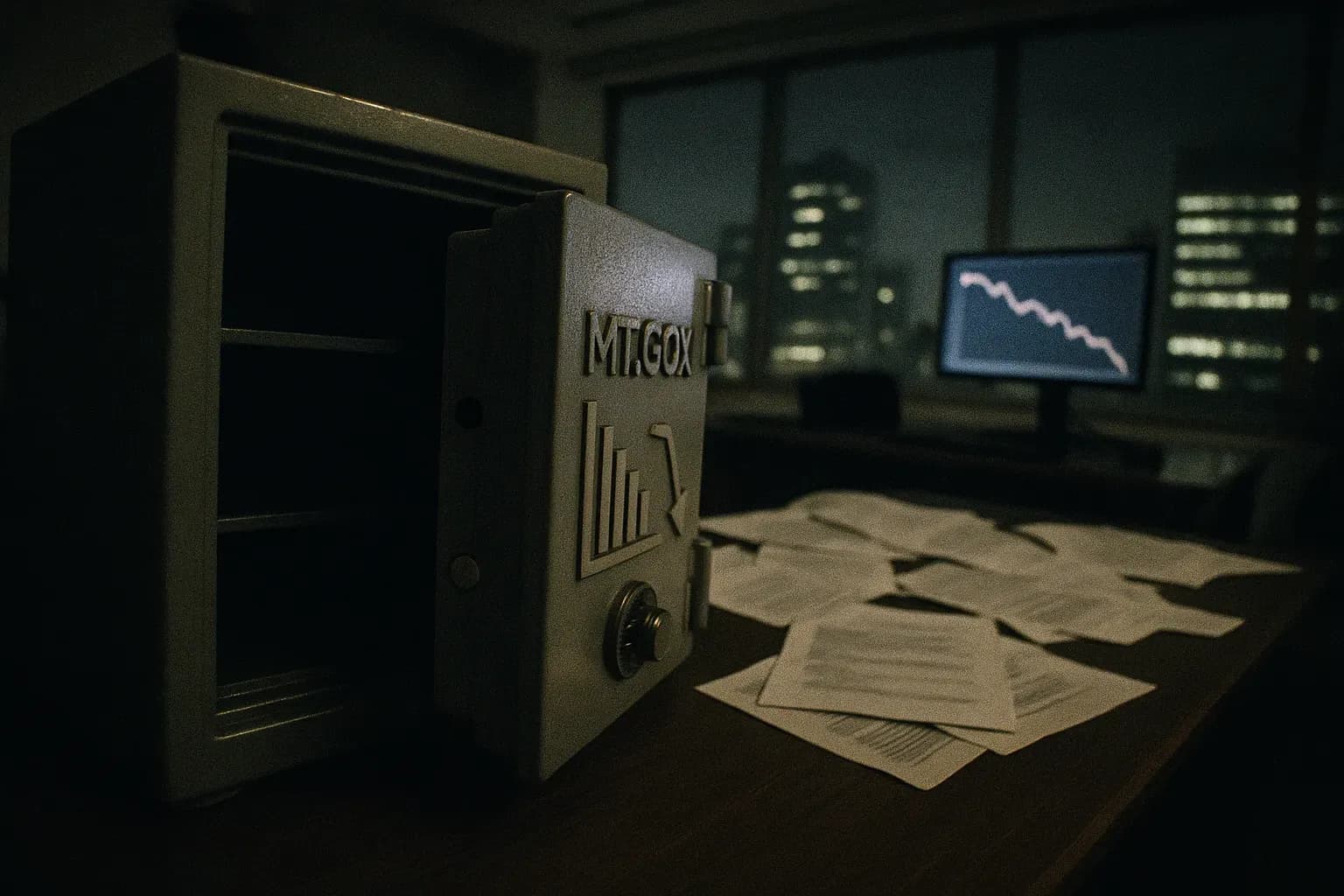 A safe with the Mt. Gox logo stands open in a dimly lit Tokyo office. Papers are strewn across the desk, and a monitor displays declining Bitcoin values, symbolizing the collapse and chaos of 2014.