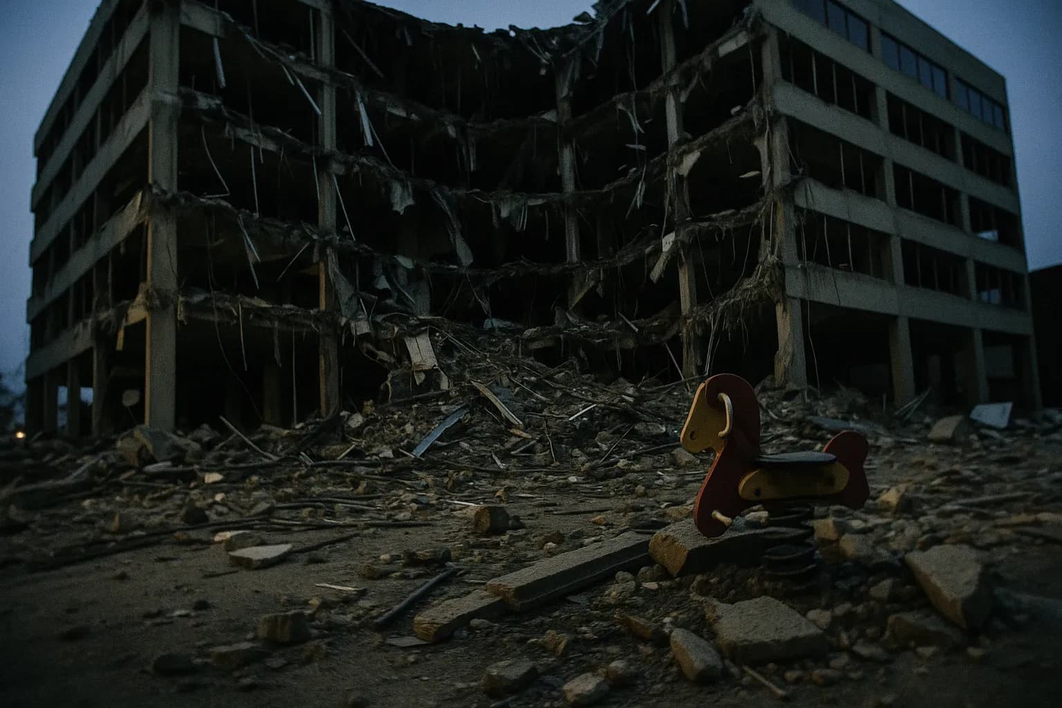A demolished office building facade in Oklahoma City, debris scattered across the ground, with a children's playground toy partially buried in the rubble.
