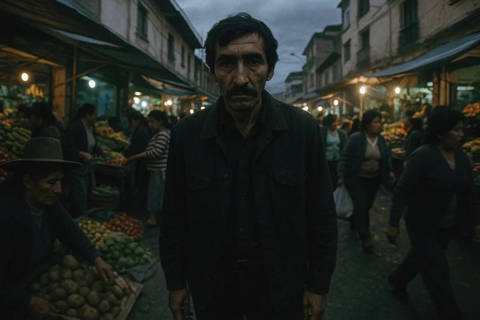 A dark, enigmatic figure resembling Pedro López stands in a crowded Peruvian marketplace, blending into the bustling scene, his presence unnoticed by passersby absorbed in daily tasks.
