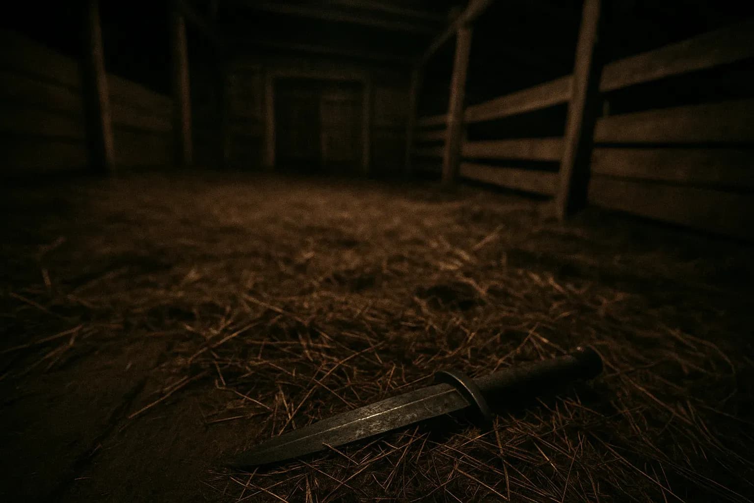 En svagt oplyst, rustik ladeinteriør med hø spredt ud over det trægulvet, og en dolk med et slidt håndtag delvist skjult i strået, der symboliserer Erik Klippings mystiske og brutale mord i Finderup Lade.