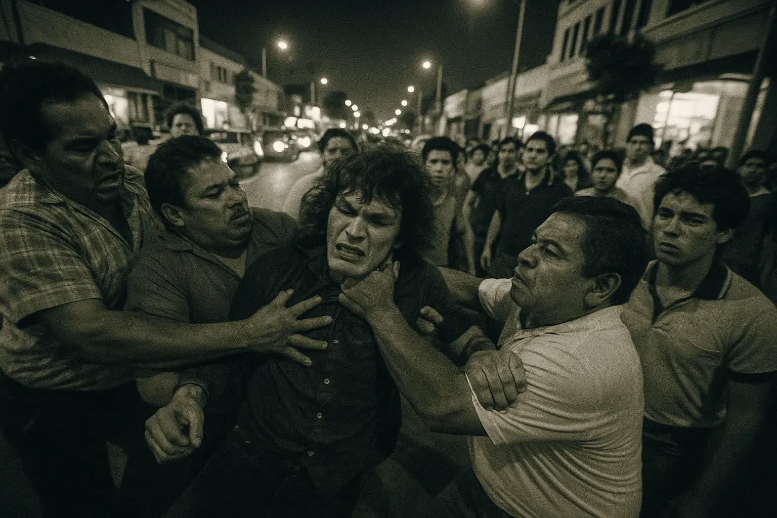 A figure resembling Richard Ramirez being overpowered by citizens in a busy East Los Angeles street, the tension evident in the crowd surrounding them