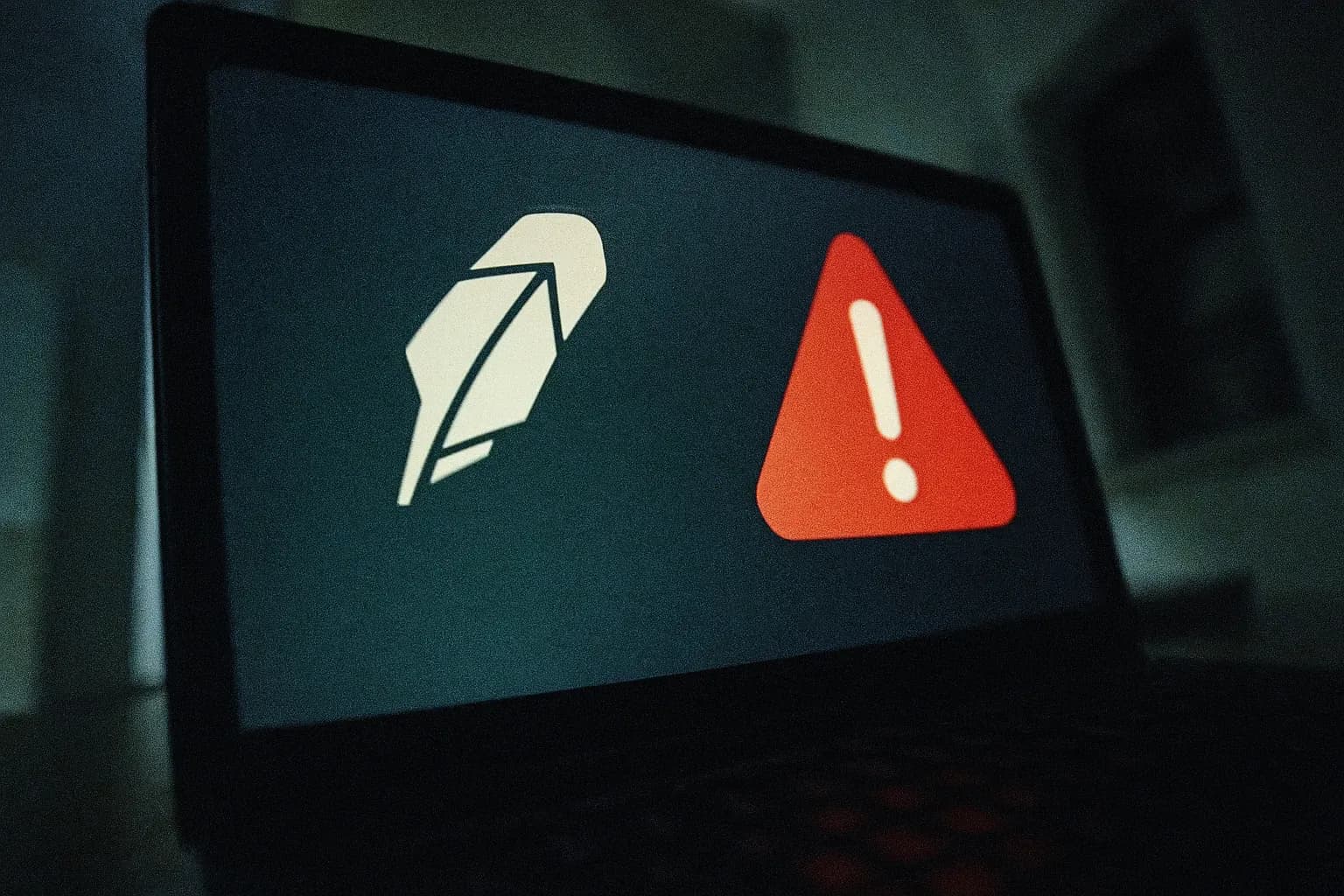 A computer screen displays the Robinhood logo alongside an alert notification icon, symbolizing the massive user data breach and subsequent cybersecurity scandal.
