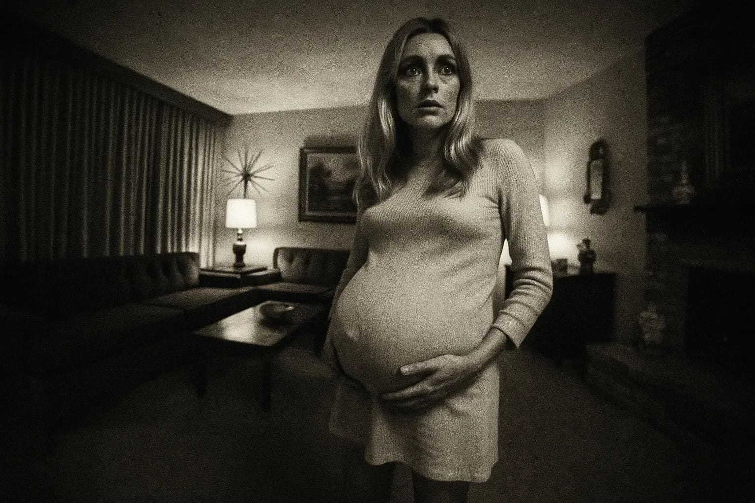 En skikkelse, der ligner Sharon Tate, står i en stue fra 1960'ernes Hollywood, synligt gravid, omgivet af vintage indretning, med en ildevarslende spænding i luften.