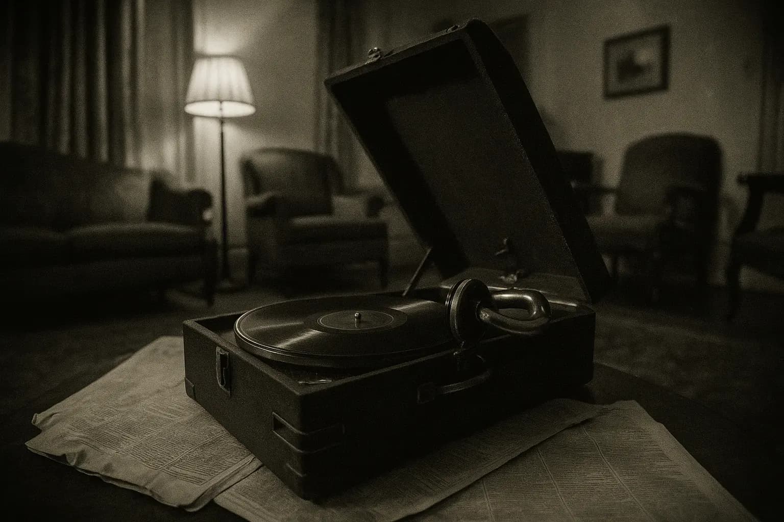 En gammel jazzpladespiller står i en svagt oplyst stue i New Orleans, dens nål hviler på en tavs vinyl, omgivet af vintage møbler og spredte aviser fra 1919.