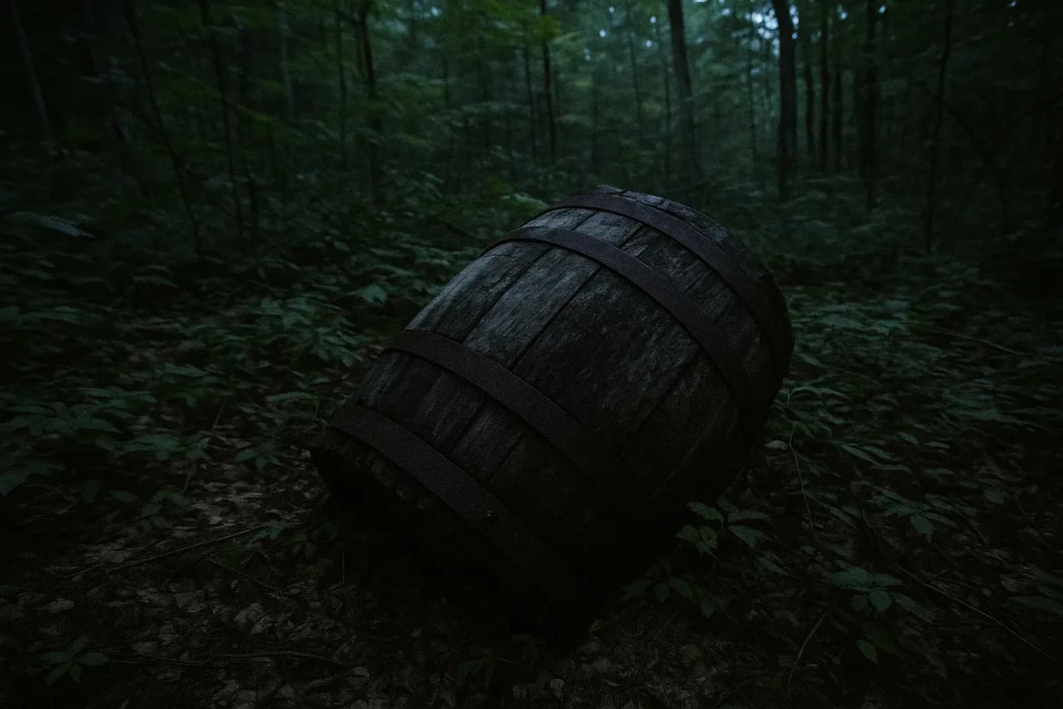 A weathered, wooden barrel half-buried in dense New Hampshire forest foliage, signifying the hidden evidence that eventually exposed serial killer Terry Peder Rasmussen through DNA analysis.