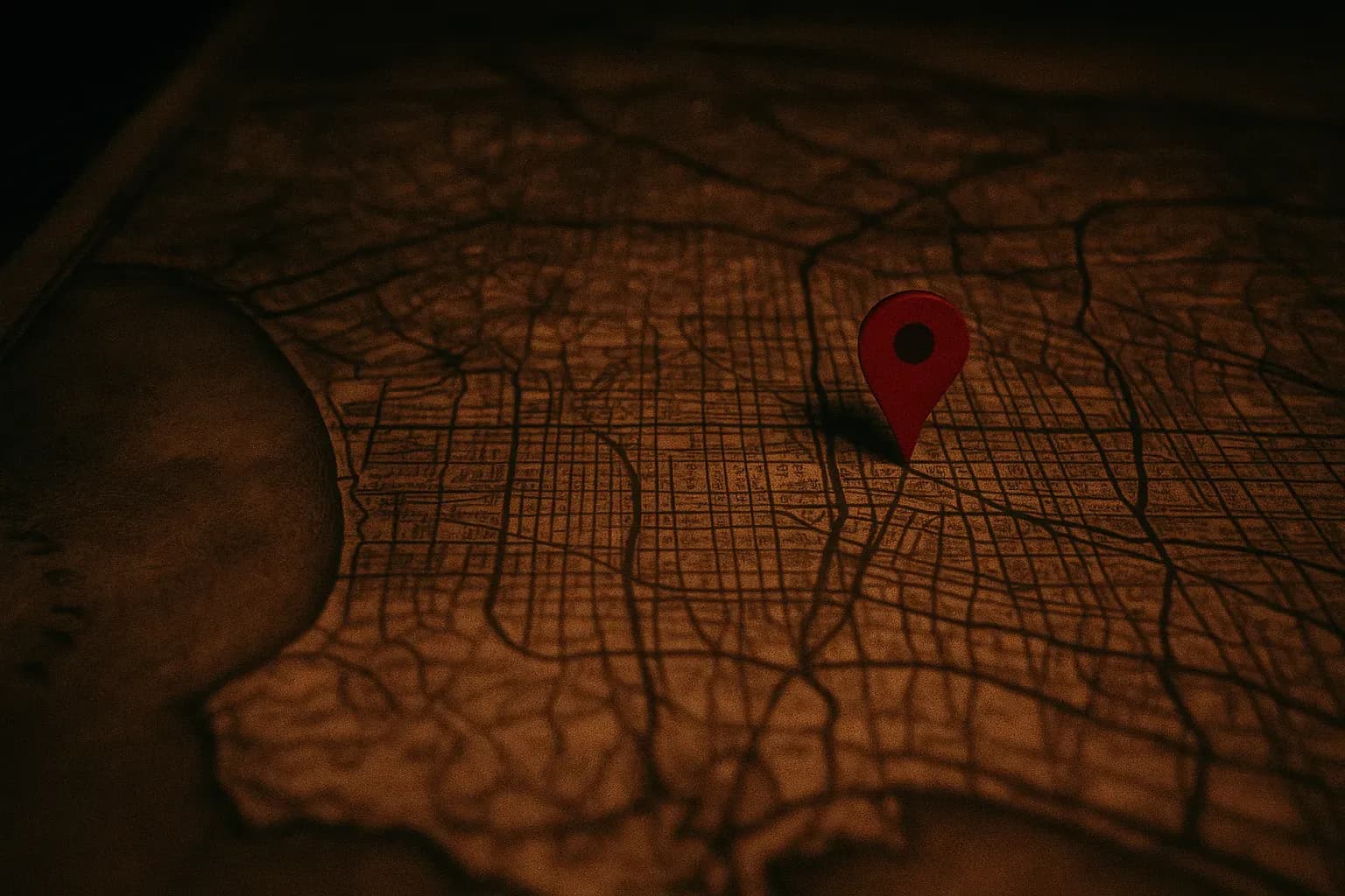 Et vintage kort over Los Angeles fra 1947, med en fed rød nål, der markerer Leimert Park-området, hvilket symboliserer stedet for opdagelsen af Elizabeth Shorts berygtede mord.