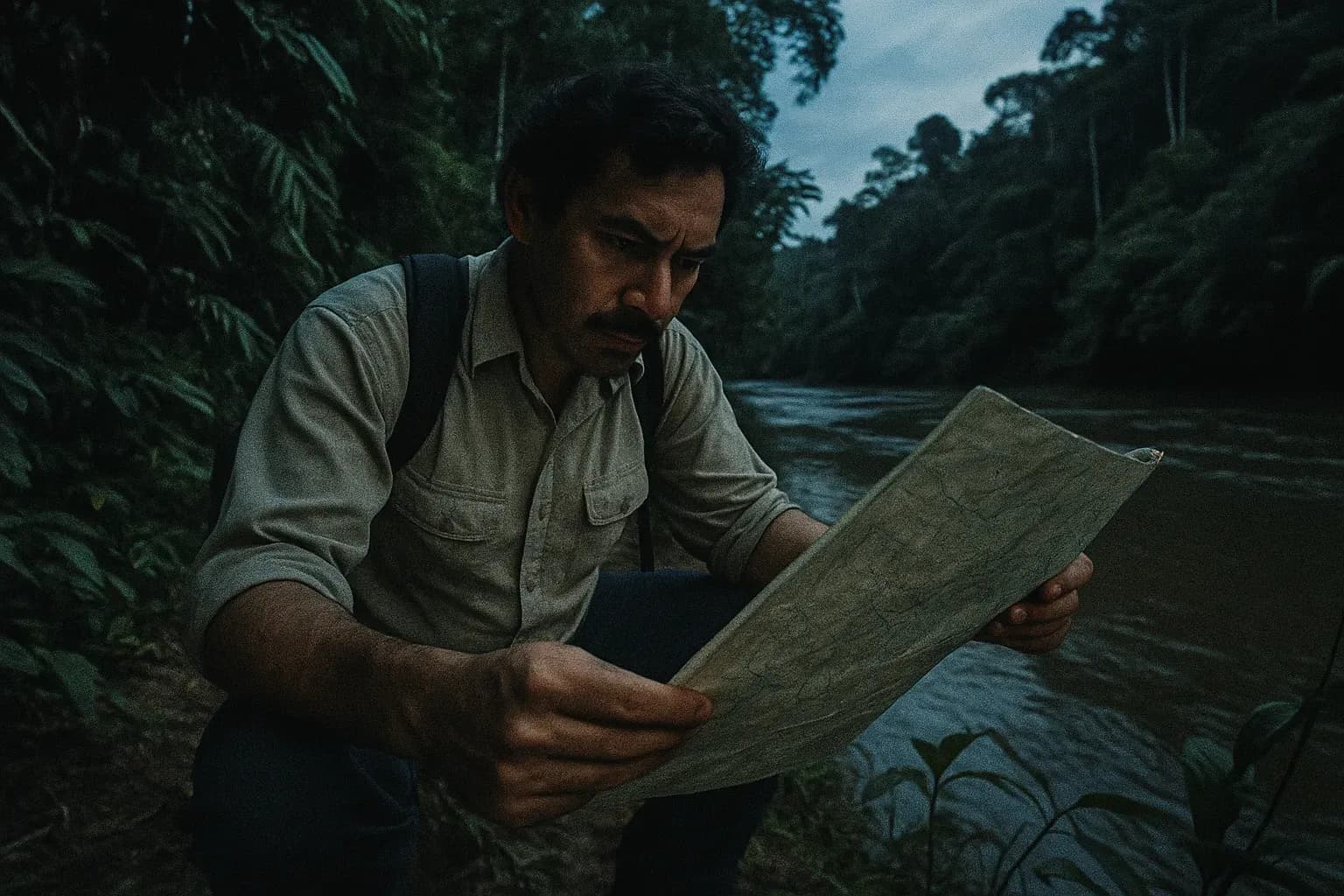 A figure resembling Michael de Guzman stands on the banks of the Busang River in Borneo, studying a map with an expression of intense focus, surrounded by dense jungle foliage.
