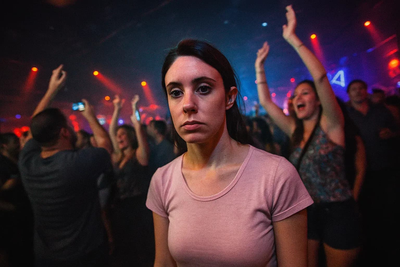 A figure resembling Casey Anthony stands in an Orlando nightclub, surrounded by partygoers, with her expression detached and indifferent amidst the crowd's enthusiasm.