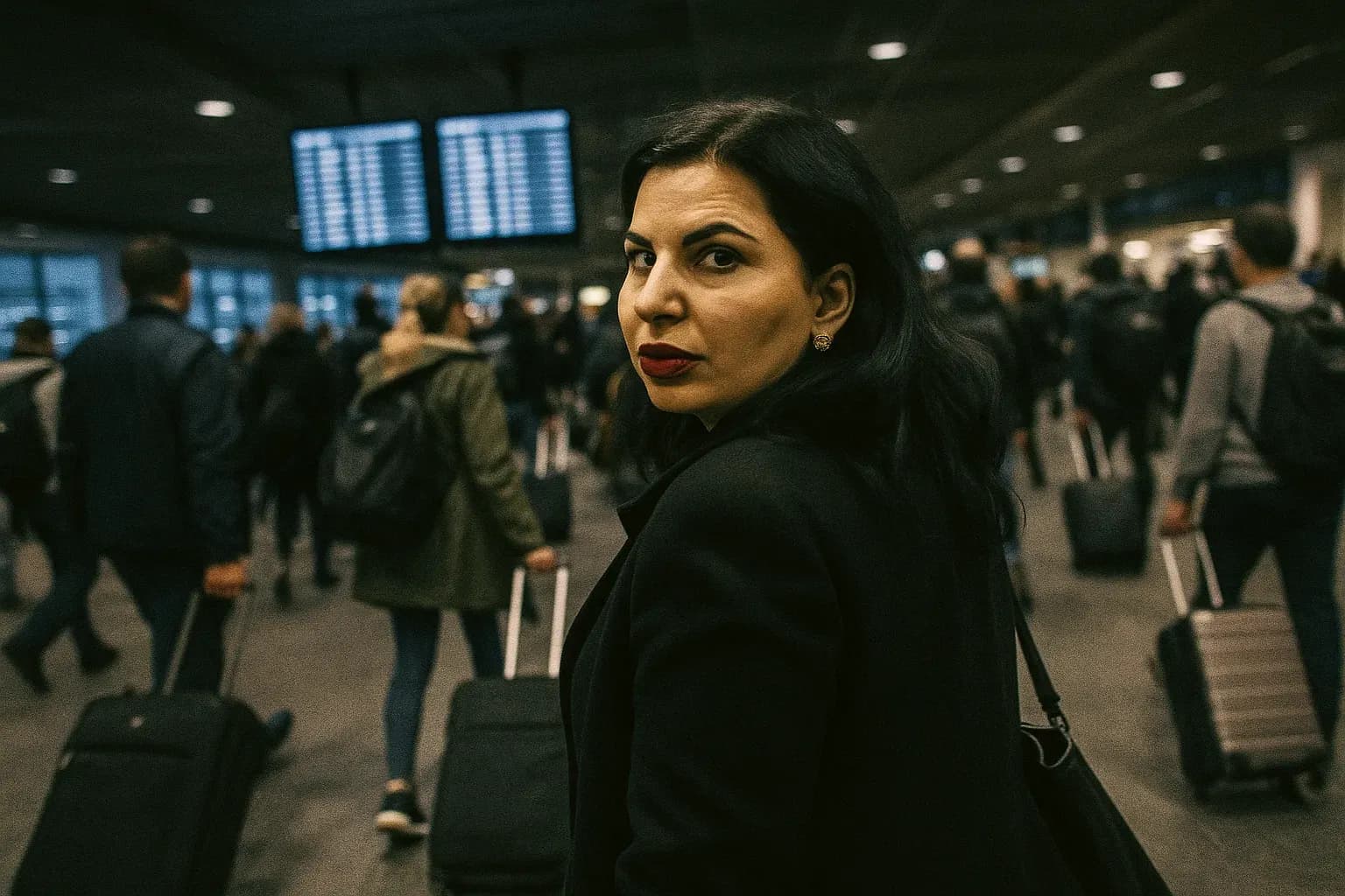 En person, der ligner Ruja Ignatova, kendt som 'Cryptoqueen,' går gennem en travl international lufthavn, kigger over sin skulder, omgivet af rejsende med rullende kufferter og afgangsskærme i baggrunden.