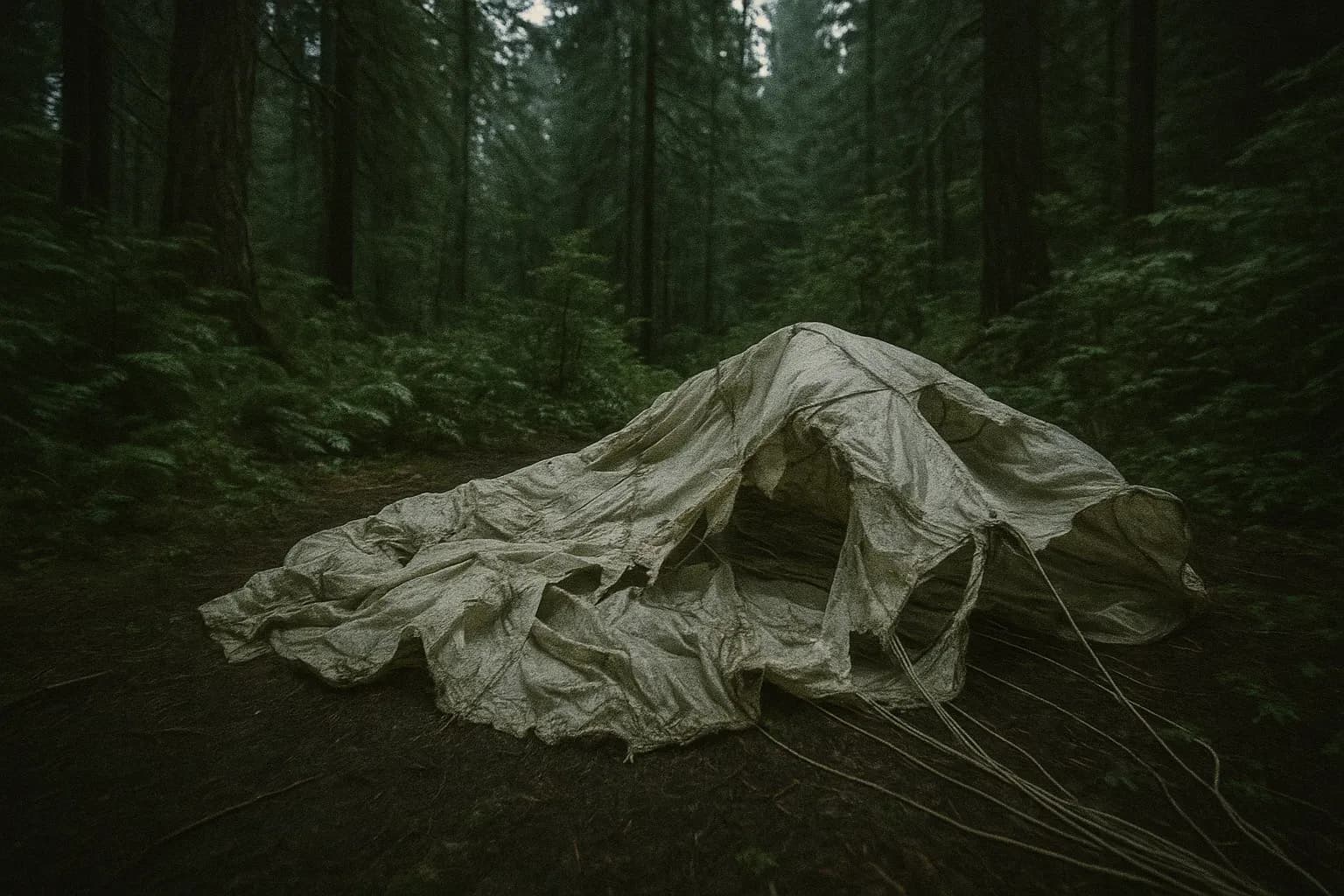 A torn, weathered parachute situated on the forested ground of the Pacific Northwest, surrounded by dense foliage, symbolizing D.B. Cooper's infamous 1971 escape from a hijacked plane with $200,000.