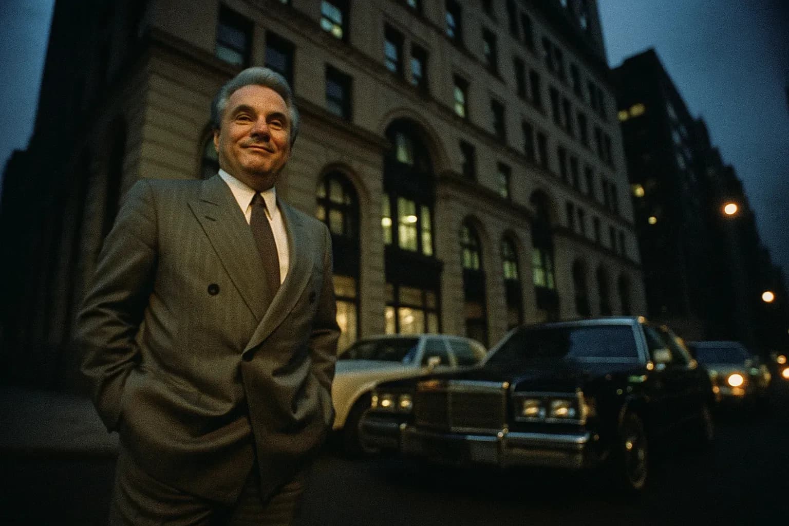 A figure resembling John Gotti stands confidently in front of a New York City building, sharply dressed, with a subtle, knowing smile. Nearby, luxury cars lined along the street symbolize his era of mafia glamour and media attention.