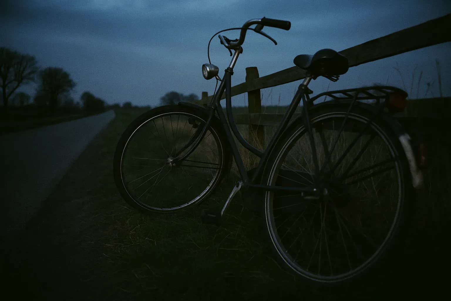 A bicycle leans against a rural fence near a quiet road in Friesland, Holland, a poignant reminder of Marianne Vaatstra's last ride and the unresolved mystery that haunted the community for 13 years