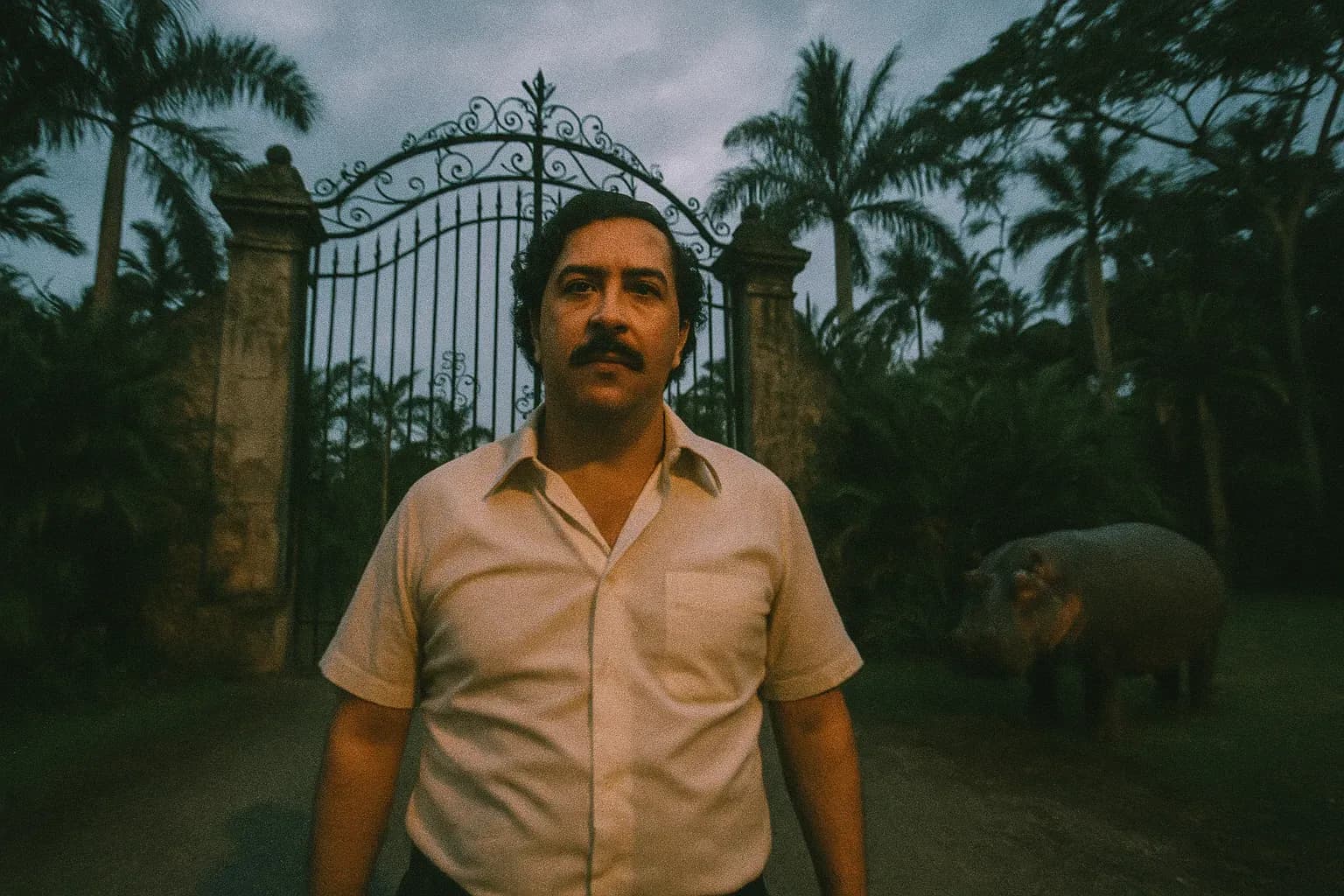 En figur, der ligner Pablo Escobar, står foran en udsmykket port ved Hacienda Nápoles, omgivet af frodig vegetation og en fjern, truende flodhest.