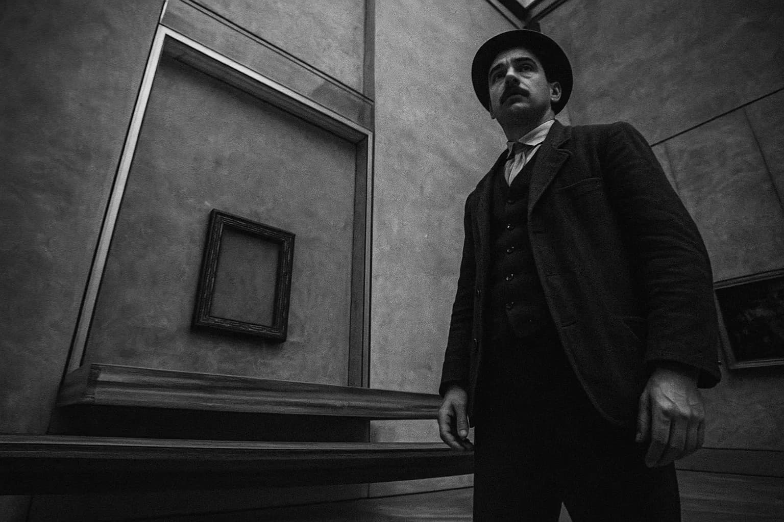 A figure resembling Vincenzo Peruggia stands near the empty display in the Louvre Museum where the Mona Lisa once hung, with space void of its famous masterpiece, hinting at the painting's audacious heist in 1911.
