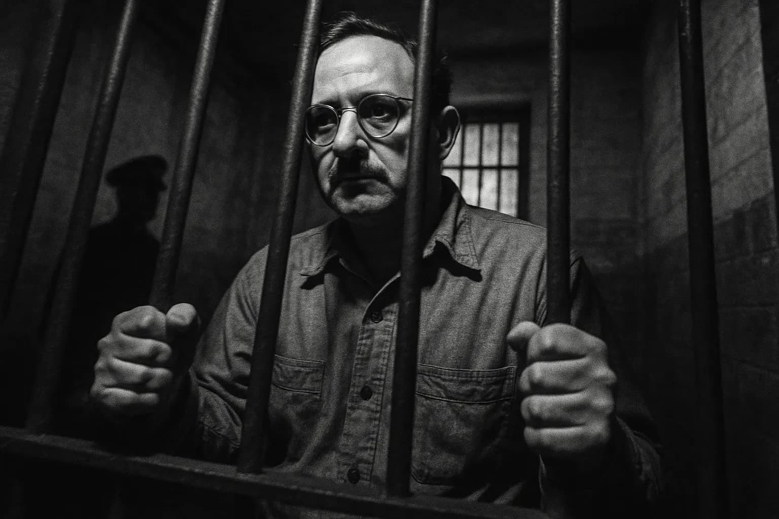 A figure resembling Julius Rosenberg stands in a dimly lit prison cell, his hands gripping cold iron bars, while a guard's shadow looms in the background.