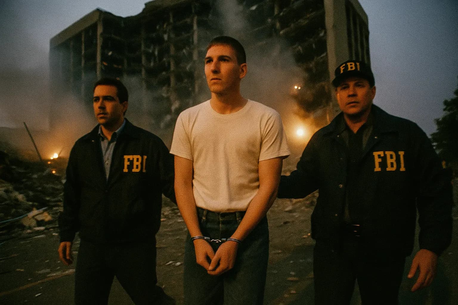 En person, der ligner Timothy McVeigh i håndjern, eskorteret af føderale agenter, nær en rygende Murrah-bygning i Oklahoma City, med vragdele stadig spredt på jorden