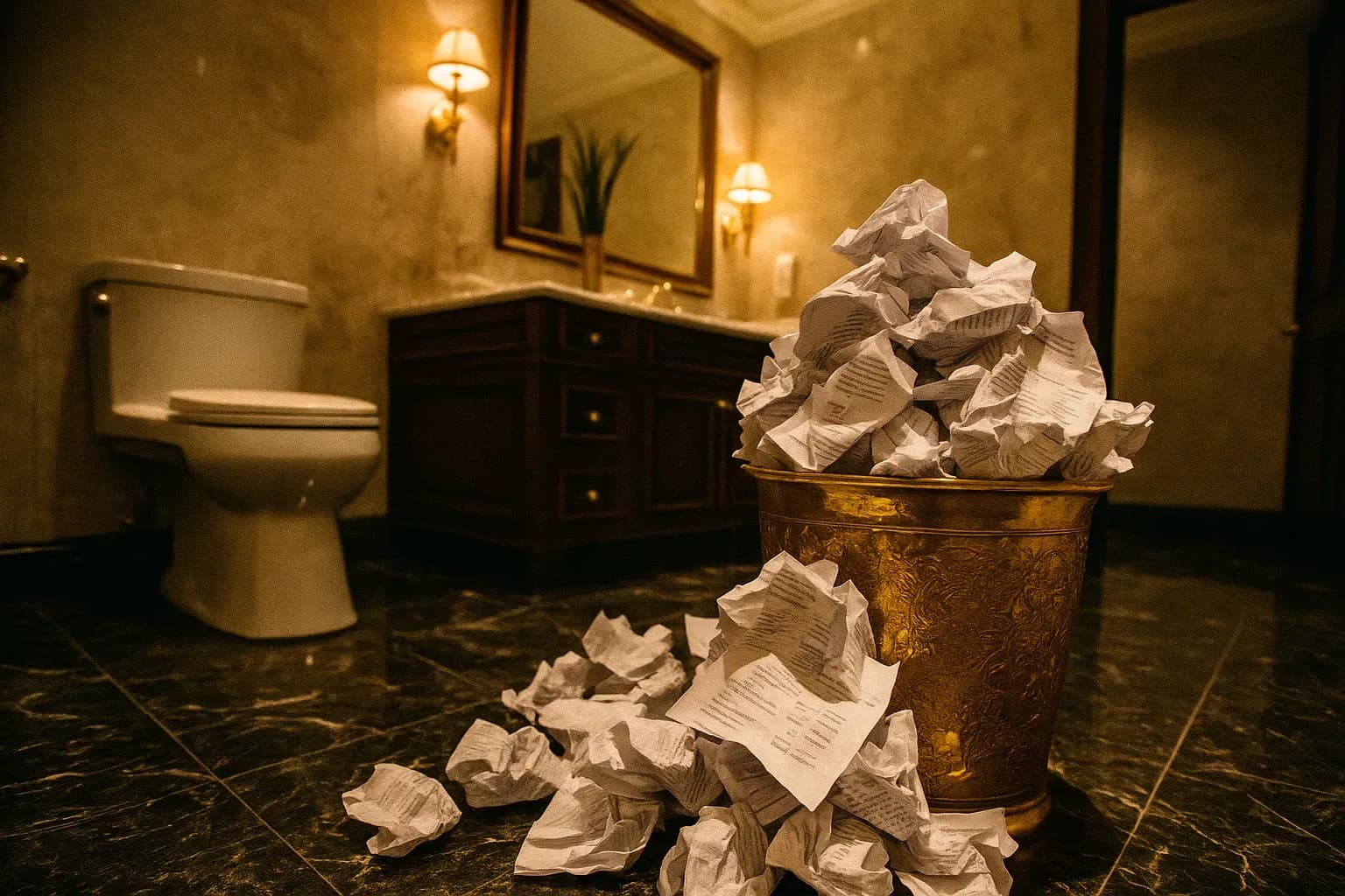 Et overdådigt chef-badeværelse med en guldpapirkurv, der flyder over med sammenkrøllede Tyco International udgiftsrapporter, hvilket signalerer overdreven luksus og økonomiske forseelser.