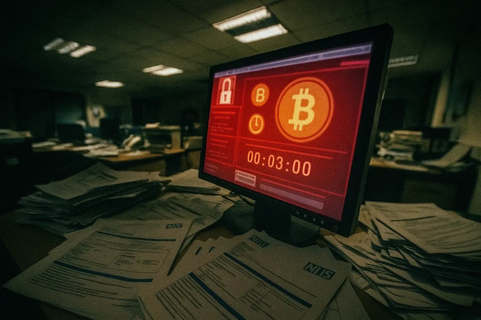 A computer screen displaying the WannaCry ransomware message, with Bitcoin symbols and a countdown timer, amid a chaotic office with disorganized NHS documents under flickering fluorescent lights.