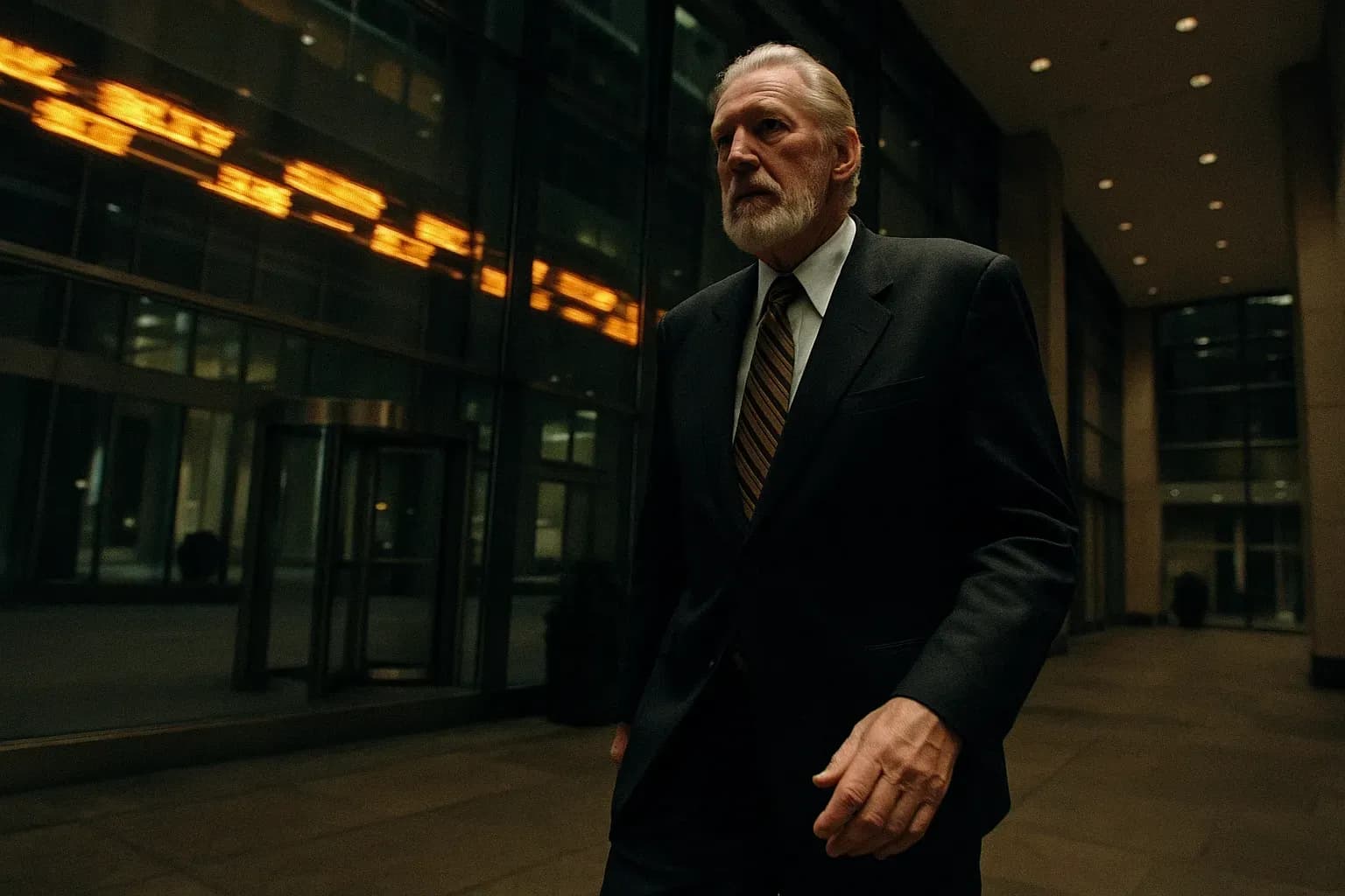 En figur, der ligner Bernard Ebbers, går gennem lobbyen i en kontorbygning, mens en refleksion af aktiekurser ruller over de glasvinduer bag ham.