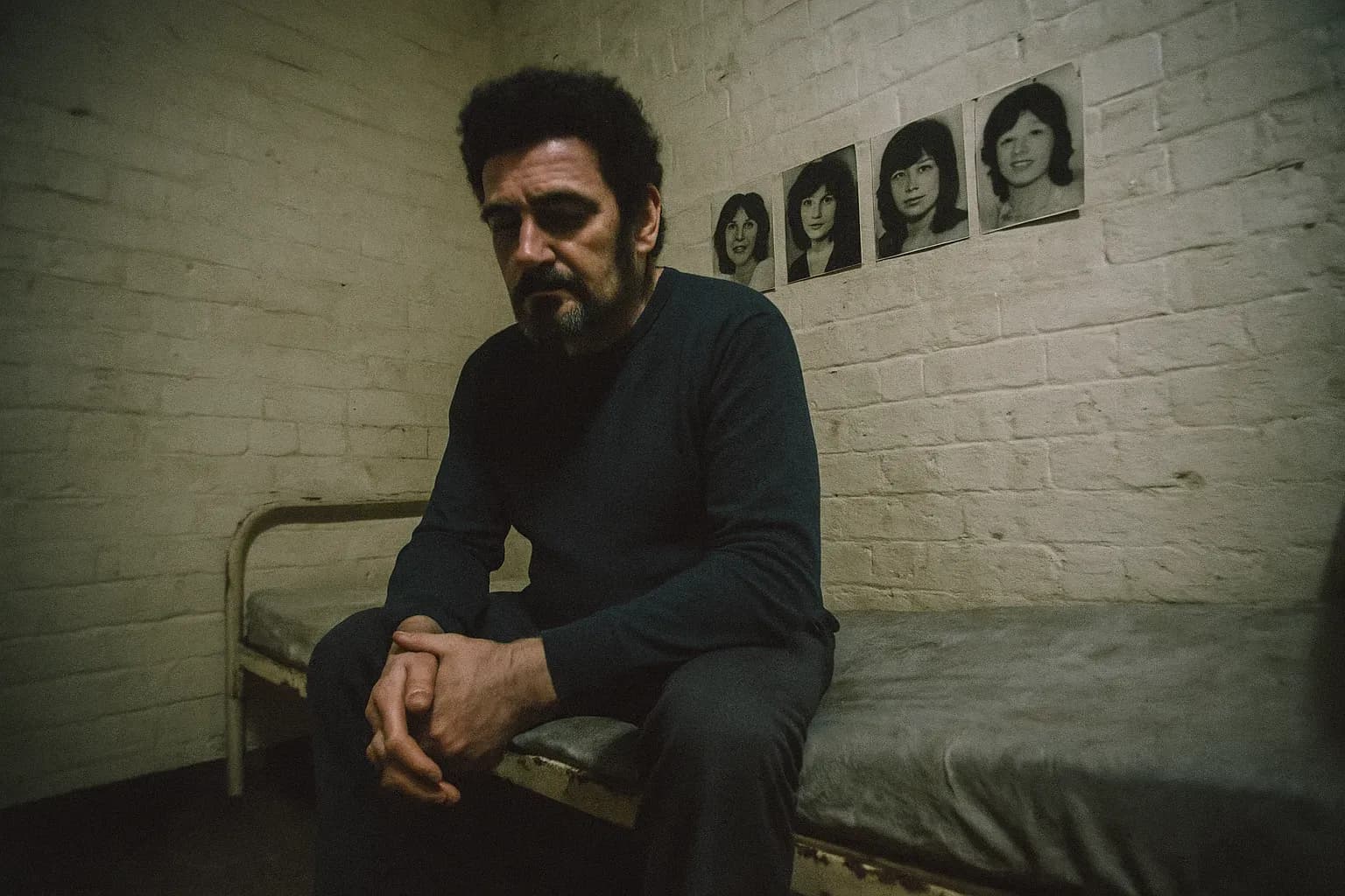 En skikkelse, der ligner Peter Sutcliffe, sidder på en slidt fængselsseng i Durham, falmede fotos af hans ofre er hængt op på væggen, der symboliserer afslutningen på hans rædselstyre.