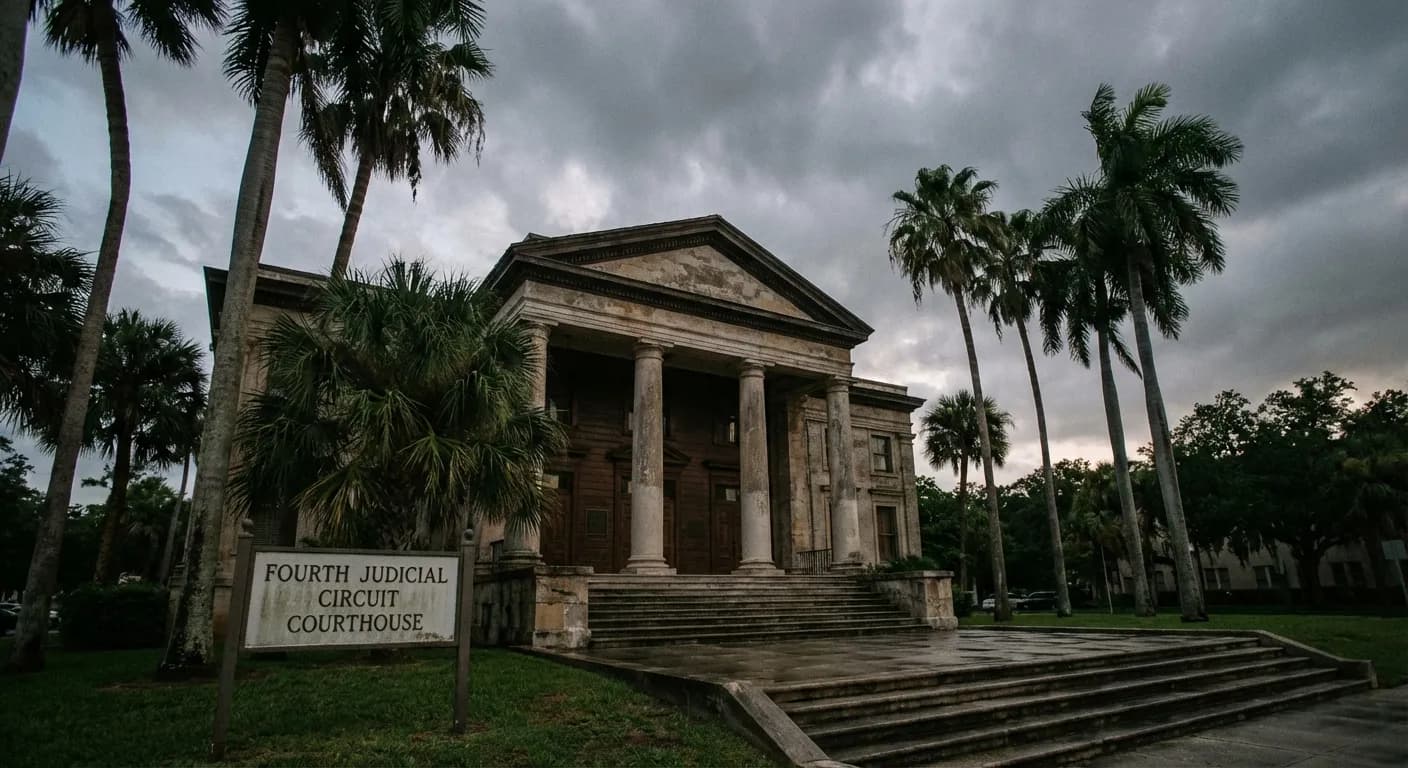 Virginia Giuffre og Jeffrey Epstein retsopgør 2000: Retsbygning i Florida under en dramatisk himmel.