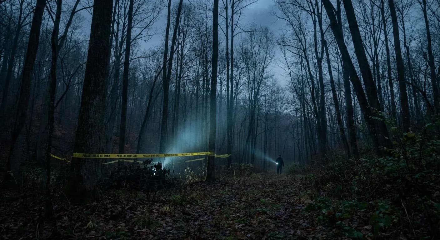 Cinematic true crime documentary scene representing the Skylar Neese story, atmospheric woods at dusk, investigation style.