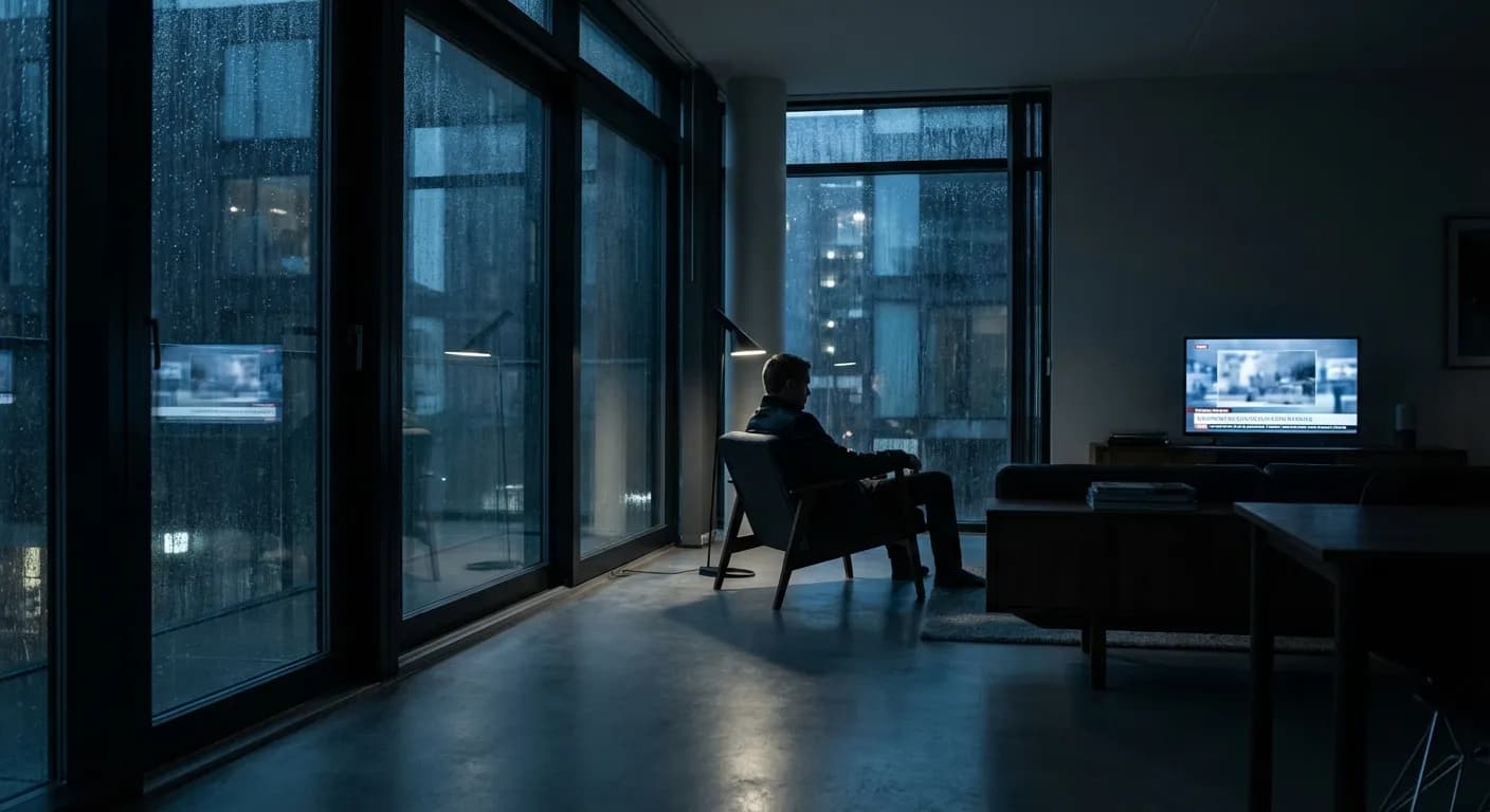 Nordic Noir style cinematic image for a Danish true crime series, cold tones, dramatic lighting.