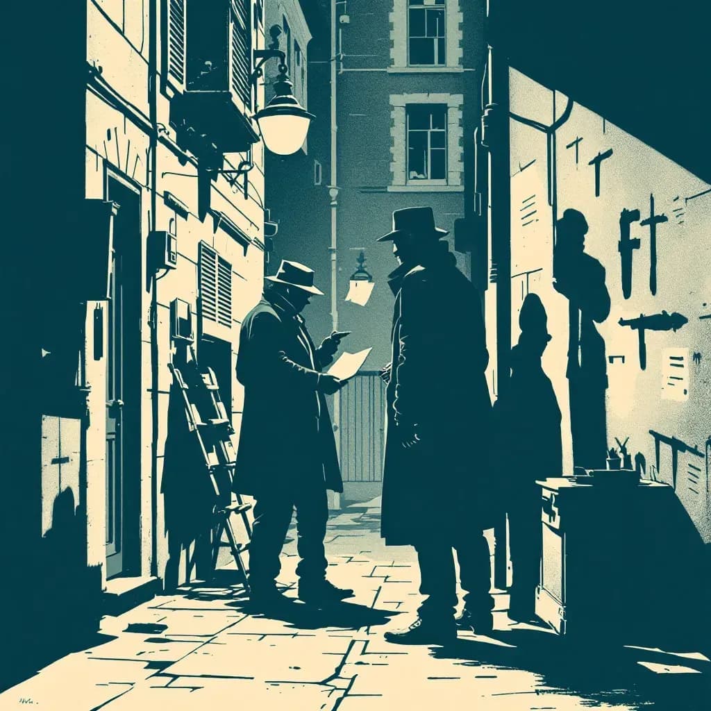 An MI6 agent in a covert operation, exchanging classified documents with a contact in a dimly lit alley, surrounded by symbols of international espionage and tools of investigation.