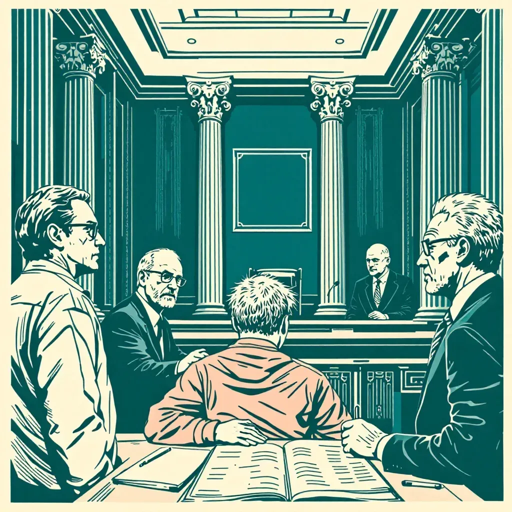 A courtroom scene with a defendant exhibiting signs of mental illness, surrounded by legal experts and a judge, highlighting the intersection of mental health and criminal justice.