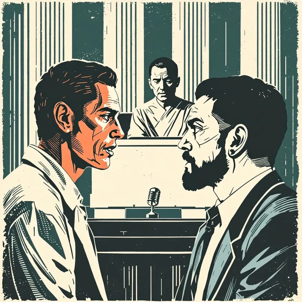 A courtroom scene where a victim and perpetrator face each other, capturing a moment of intense emotion and confrontation, with a judge observing the exchange.