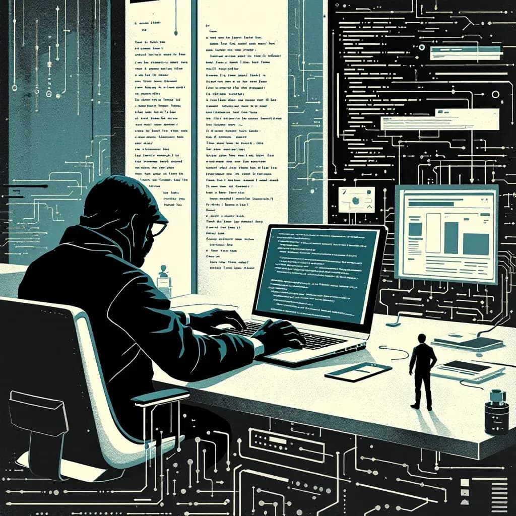 A hacker accessing secure computer servers, lines of code representing stolen data, investigators analyzing digital forensic evidence on computer screens.