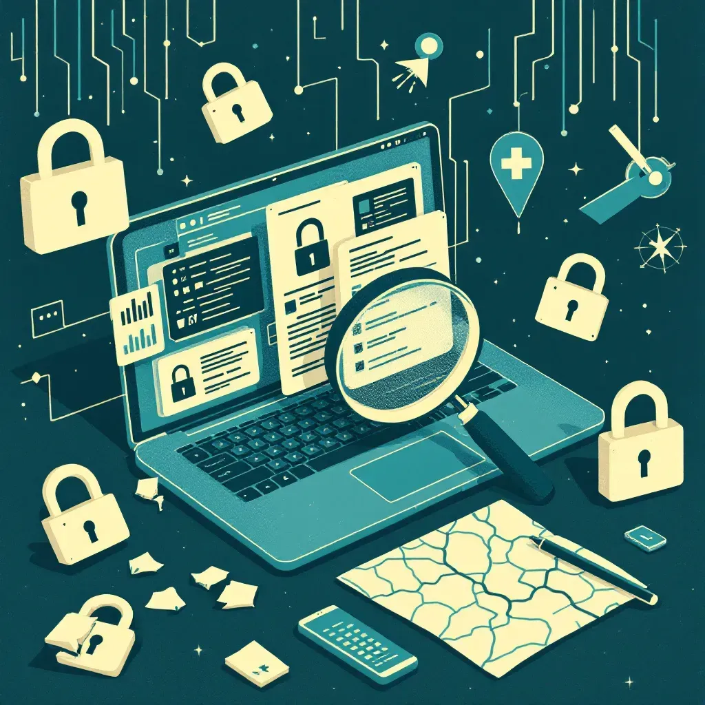 A computer screen displaying digital files with a magnifying glass over highlighted data, scattered broken digital locks, and GPS maps, symbolizing the uncovering and analysis of digital evidence in investigations.