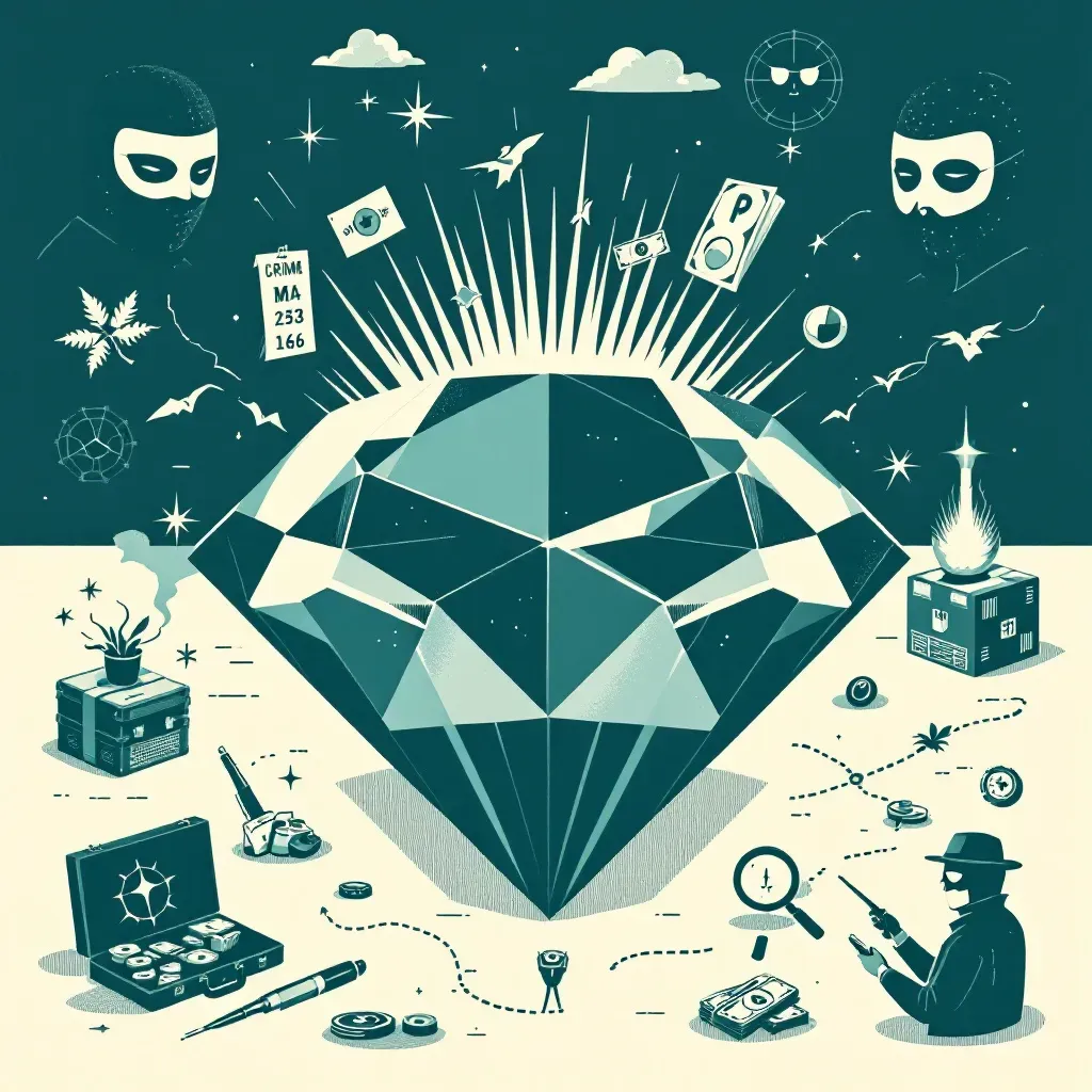Scene depicting a large polished diamond surrounded by symbols of crime such as a masked burglar, a briefcase of cash, smuggling routes on a map, and forensic tools analyzing the gem.