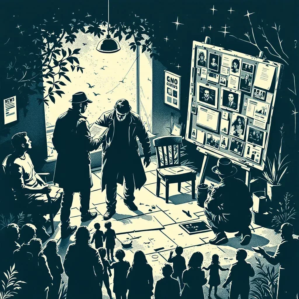 A crime scene investigation with detectives analyzing clues, a corkboard filled with evidence and photos, a community gathering in mourning, and news headlines reporting the tragic event.