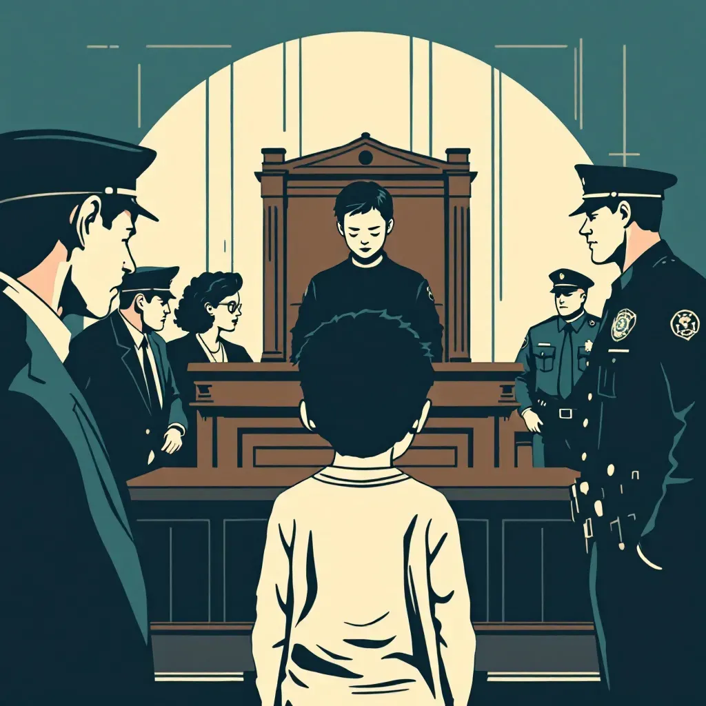 A courtroom scene depicting a child in the witness stand with a supportive adult, police officers, and legal professionals nearby; emphasizing the child's role as both witness and victim in true crime settings.