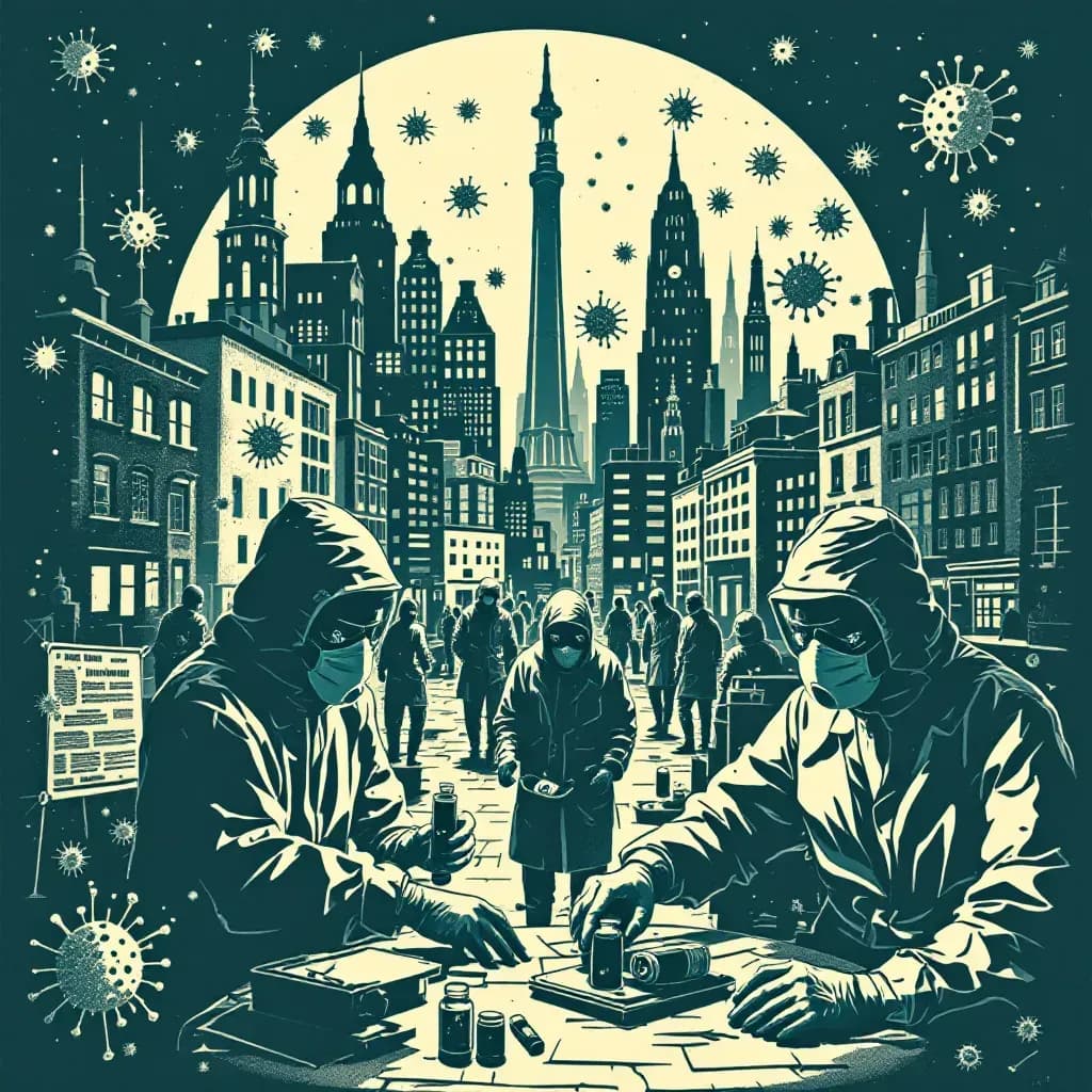 A city gripped by fear, shadowy figures in labs handling vial samples, pathogens magnified under a microscope, protective gear-clad investigators examining contaminated areas.